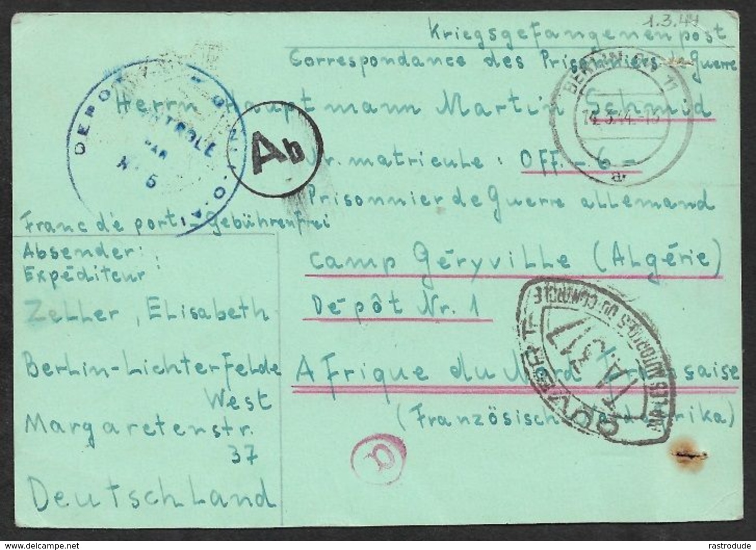 1944 PRISONNIERS DE GUERRE - KRIEGSGEFANGENENPOST - BERLIN, A GÉRYVILLE  / LAGER Nr.1, ALGERIE - CENSURE, CACHET DÉPOT - Cartas & Documentos