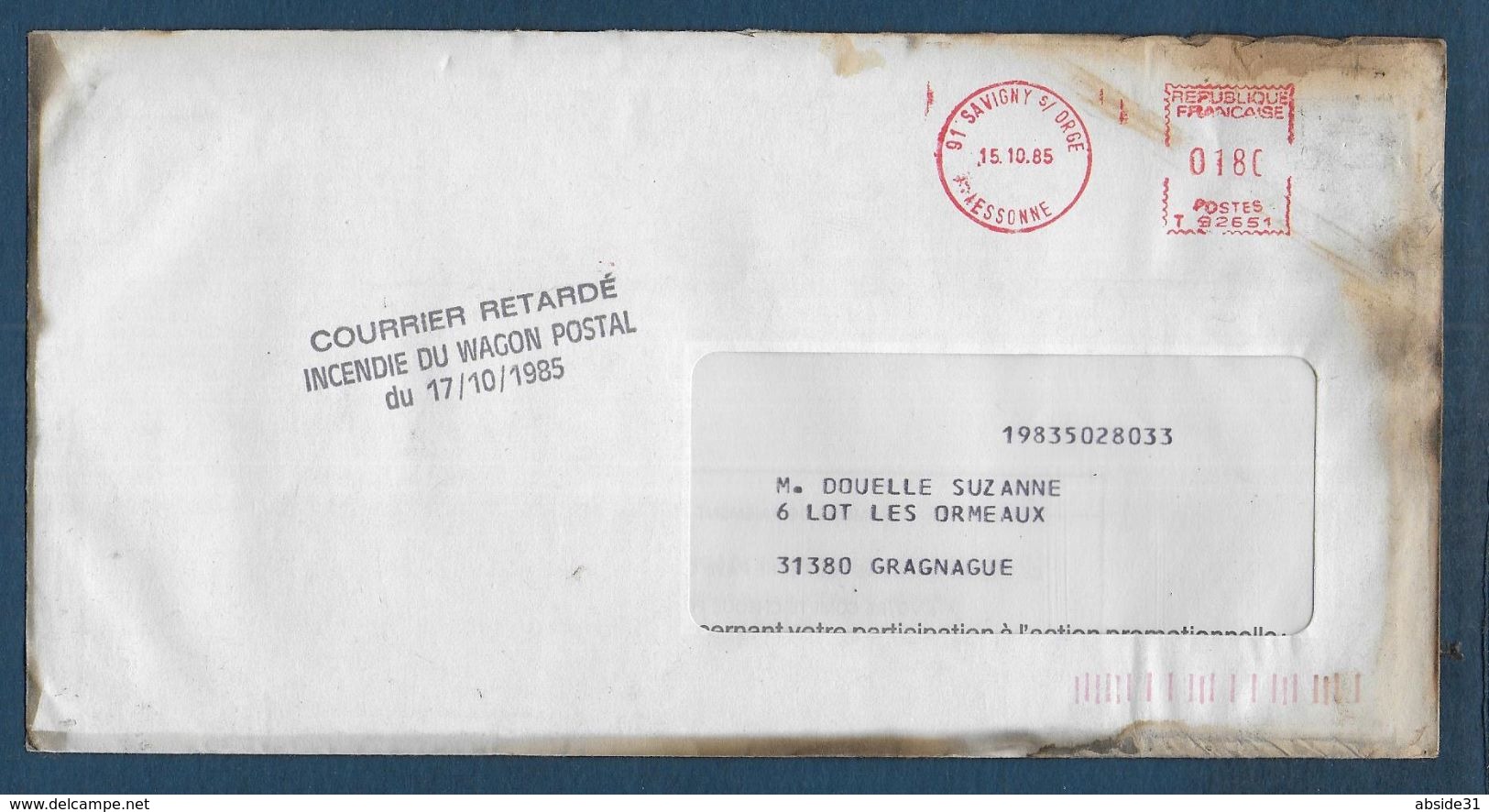 Lettre  Avec Griffe  Courrier Retardé - Incendie Du Wagon Postal  Du 17 / 10 / 1985 - Lettres Accidentées