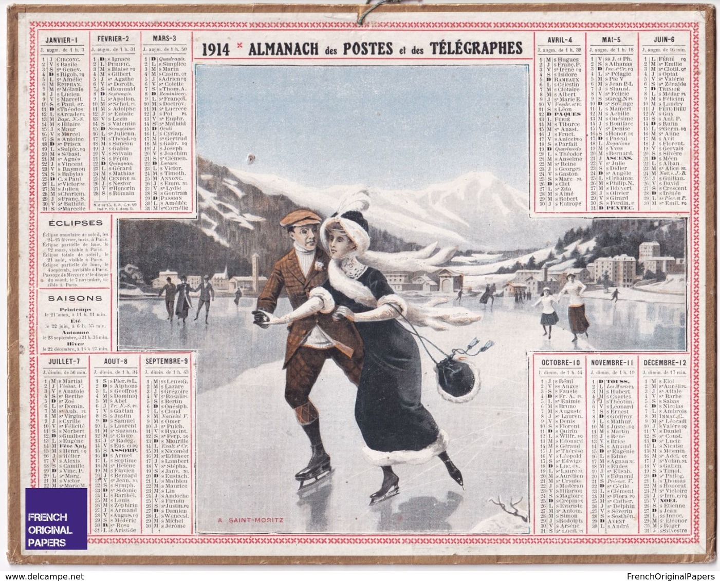 Almanach Calendrier 1914 - Saint-Moritz Thème Sport D' Hiver Montagne Patinage Glace Suisse Alpes Département Eure B1 - Formato Grande : 1901-20