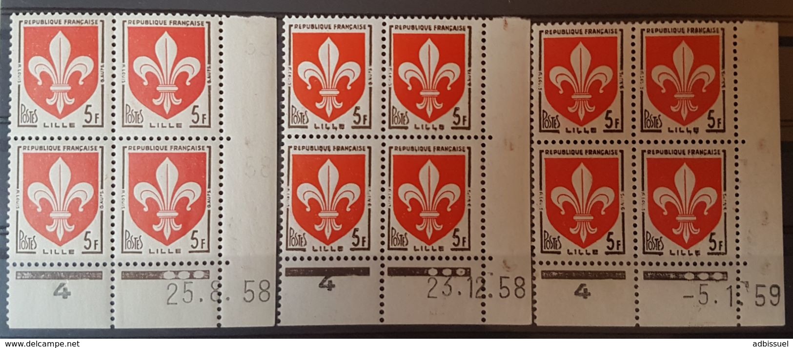 N° 1186 (x3) ** (MNH). 3 Coins Datés Du 23/12/58, 25/8/58 Et Du 5/1/59. " Armoiries Lille " - 1950-1959