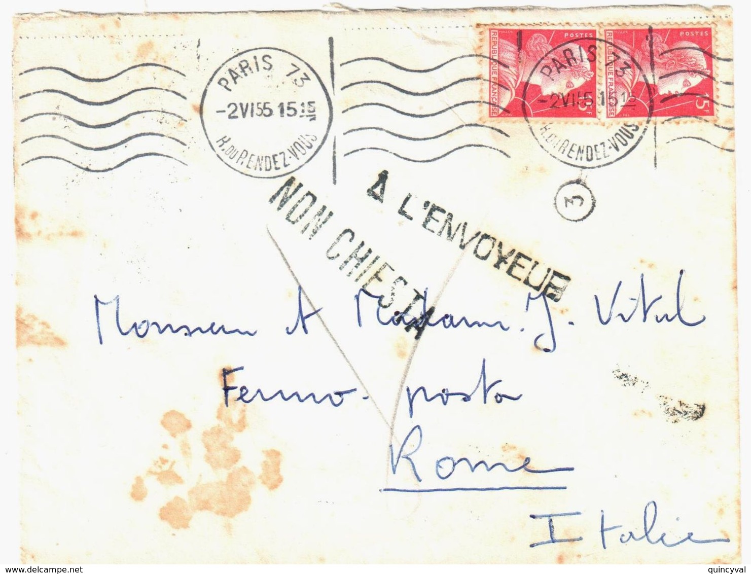 PARIS 73 R Rendez Vous 15 F Muller Ob 1955 Yv 1011 Dest Rome Italie Poste Restante Retour à L'envoyeur NON CHIEST - Cartas & Documentos