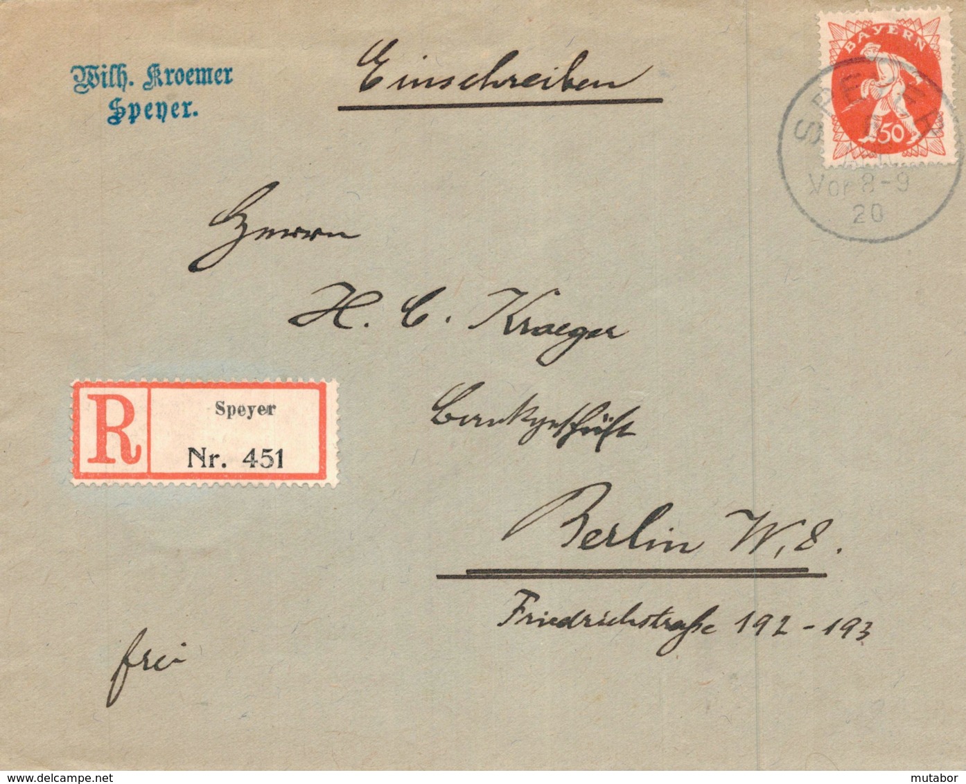 1920 SPEYER Einschreib-Bfhülle N. Berlin - Other & Unclassified