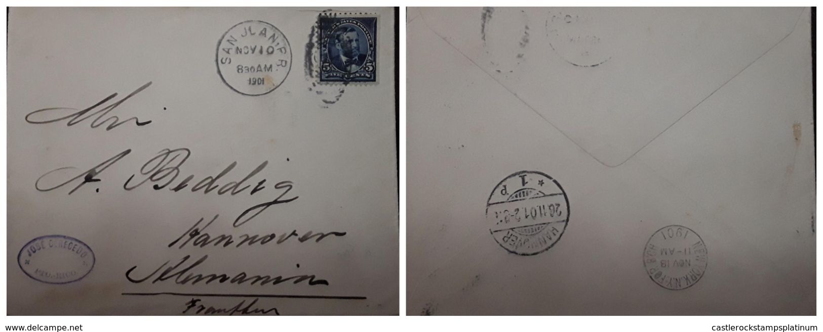 O) 1901 PUERTO RICO- JOSE CERECEDO AGENCY, ULYSSES GRANT SC 281 5c, TO GERMANY, NEW YORK TRANSIT, XF - Puerto Rico