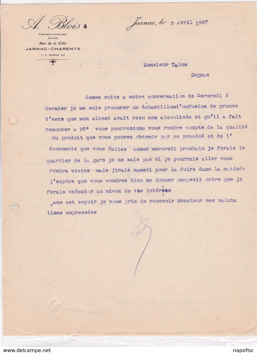 16-A.Blois..Propriétaire-Viticulteur-Courtier...Jarnac...(Charente)...1937 - Altri & Non Classificati