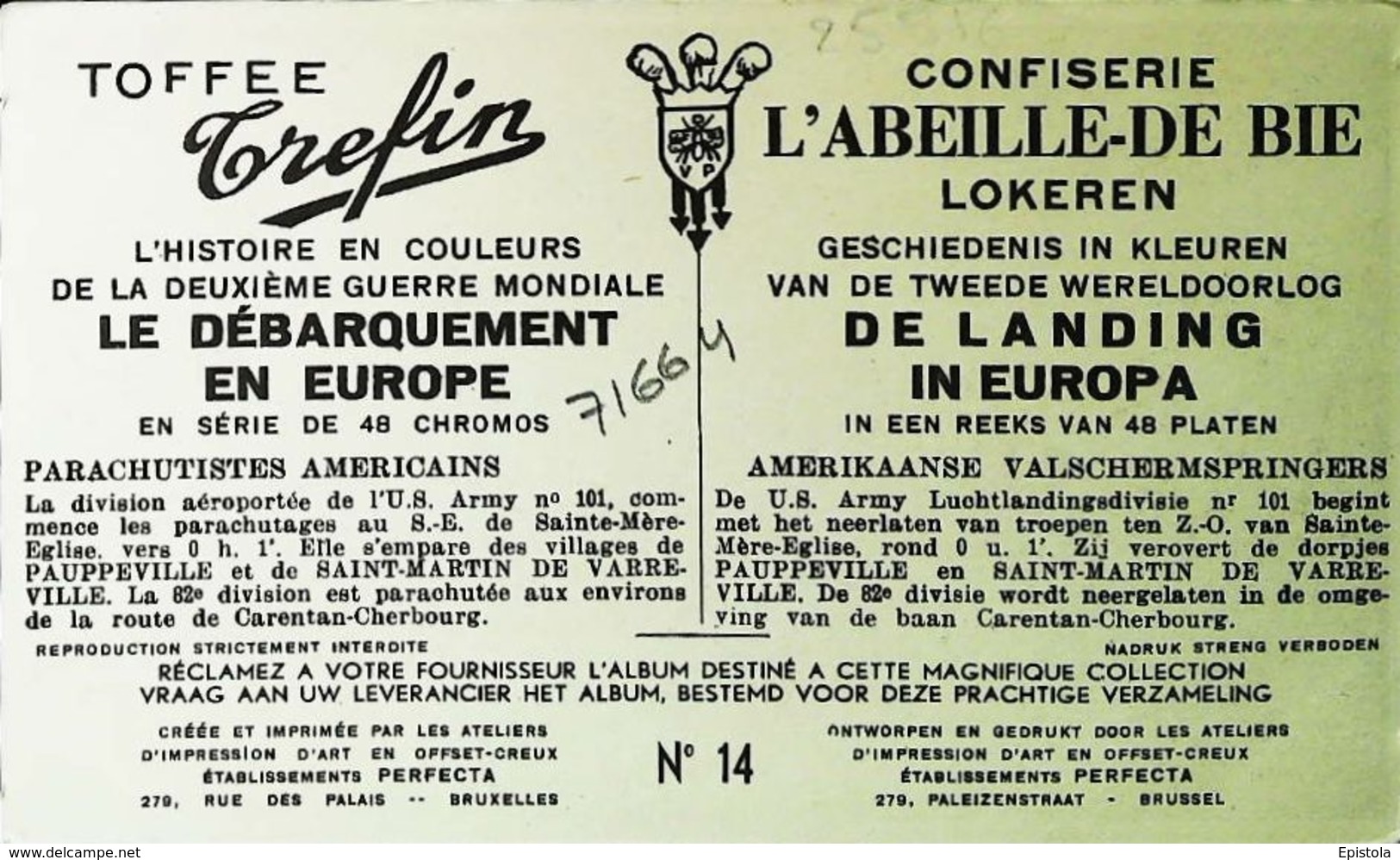 Parachutistes Américains 1944 - Chromo Trefin "Confiserie à LOKEREN" Dimensions CPA " Le Débarquement En Europe" - - Parachutting