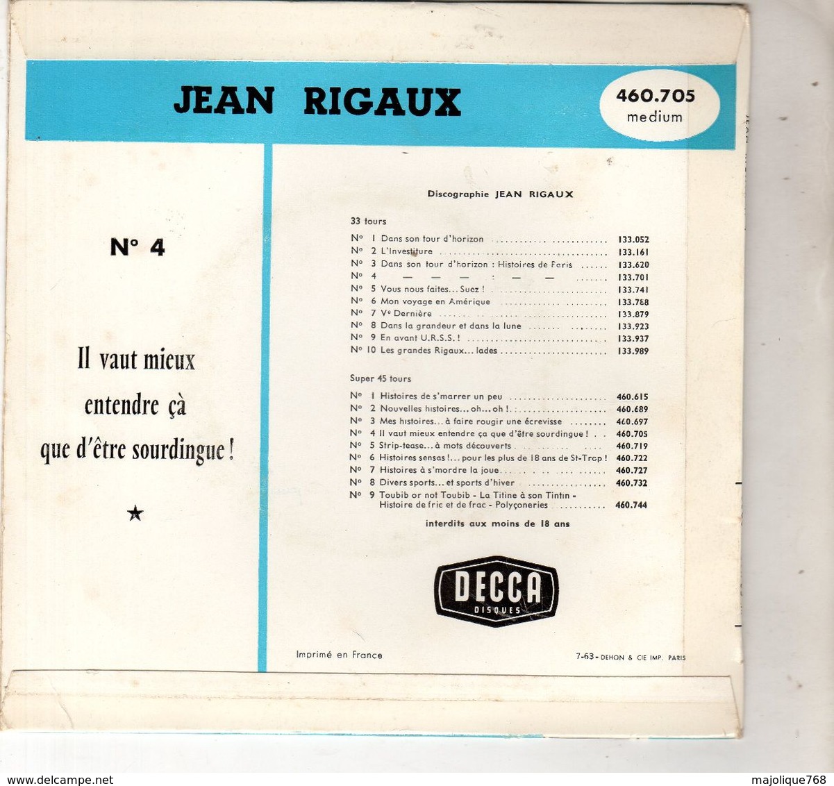 Disque - Jean Rigaux N°4 - Il Vaut Mieux Entendre çà Que D'être Sourdingue ! - DECCA 460.705 - 1963 - - Humor, Cabaret