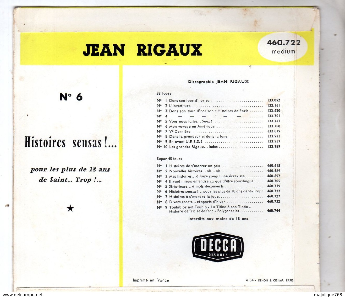 Disque - Jean Rigaux N°6 - Histoires Sensas !... - DECCA 460.722 - 1964 - - Cómica