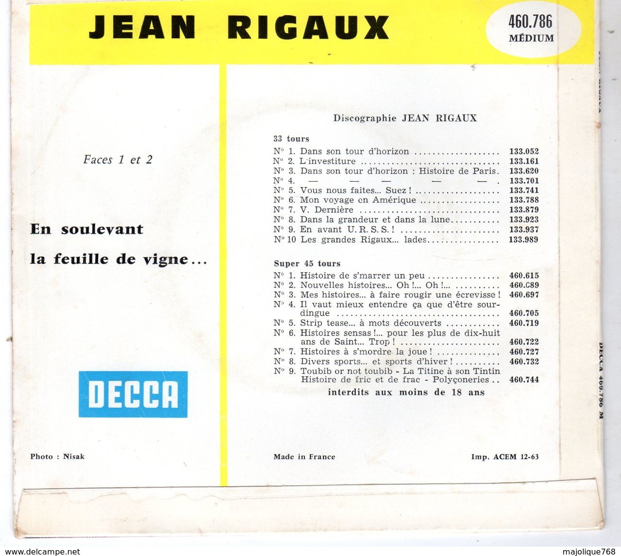 Disque - Jean Rigaux N°10 - En Soulevant La Feuille De Vigne - DECCA 460.786 - 1963 - - Comiques, Cabaret