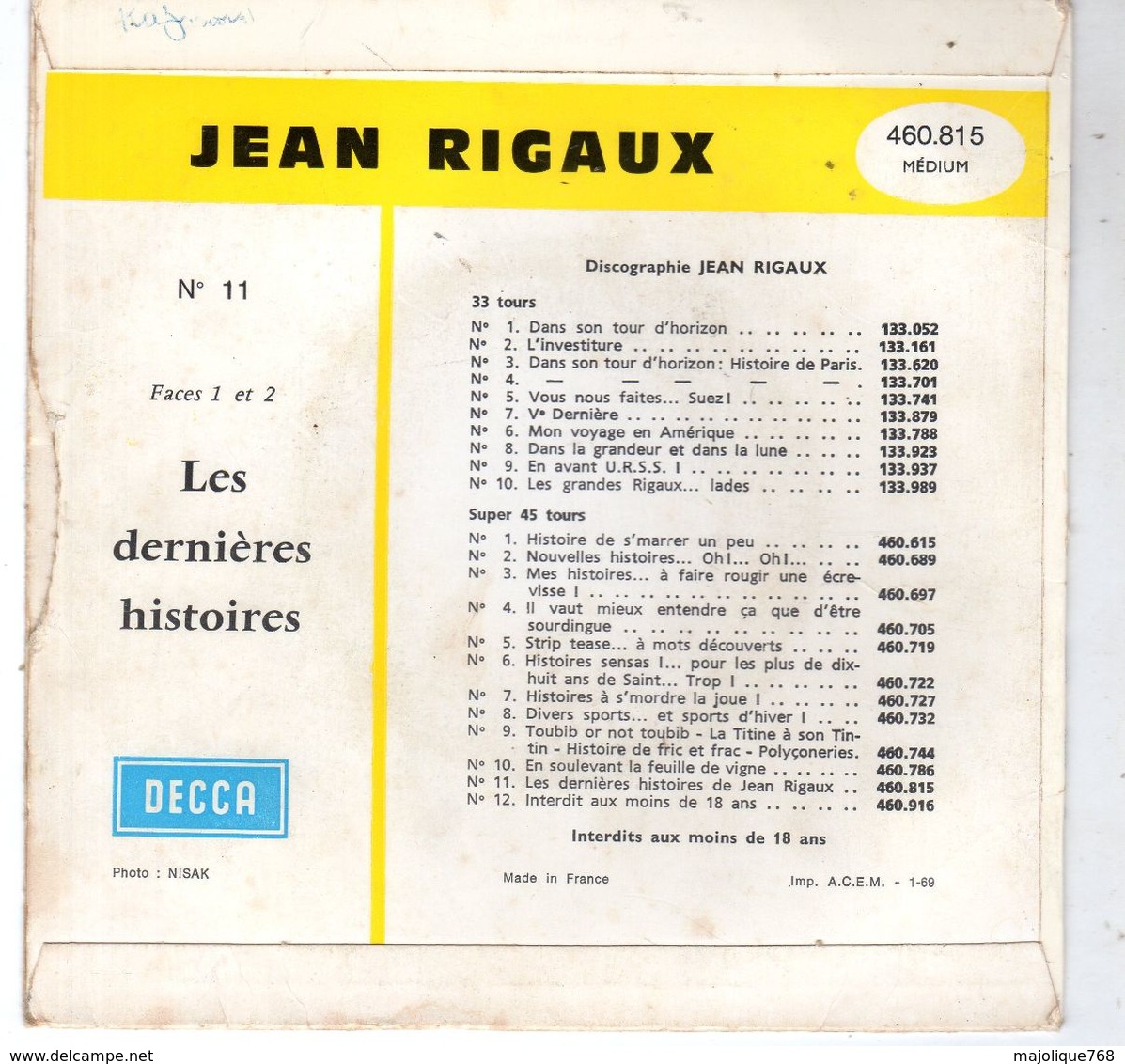 Disque - Jean Rigaux N°11 - Les Dernières Histoires - DECCA 460.815 - 1969 - - Cómica