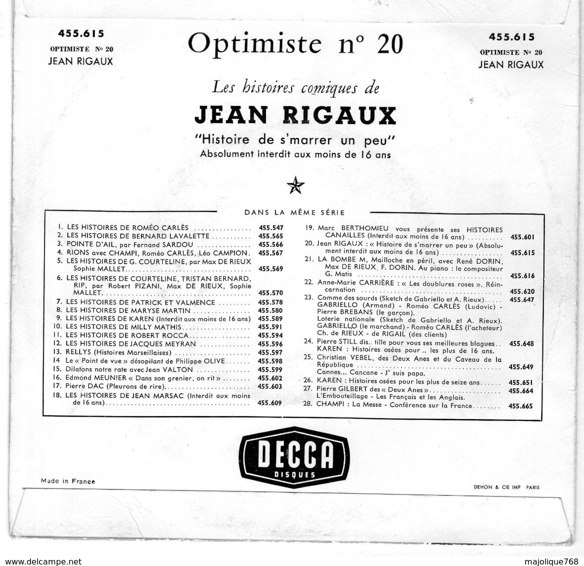 Disque - Jean Rigaux Optimiste N°20 - Histoire De S'marrer Un Peu - DECCA 455.615 - - Comiche