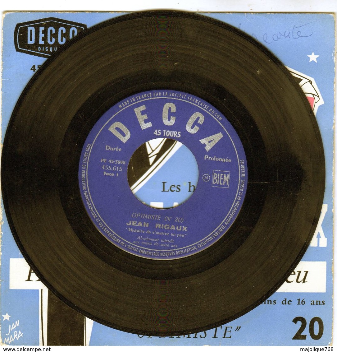 Disque - Jean Rigaux Optimiste N°20 - Histoire De S'marrer Un Peu - DECCA 455.615 - - Comiche