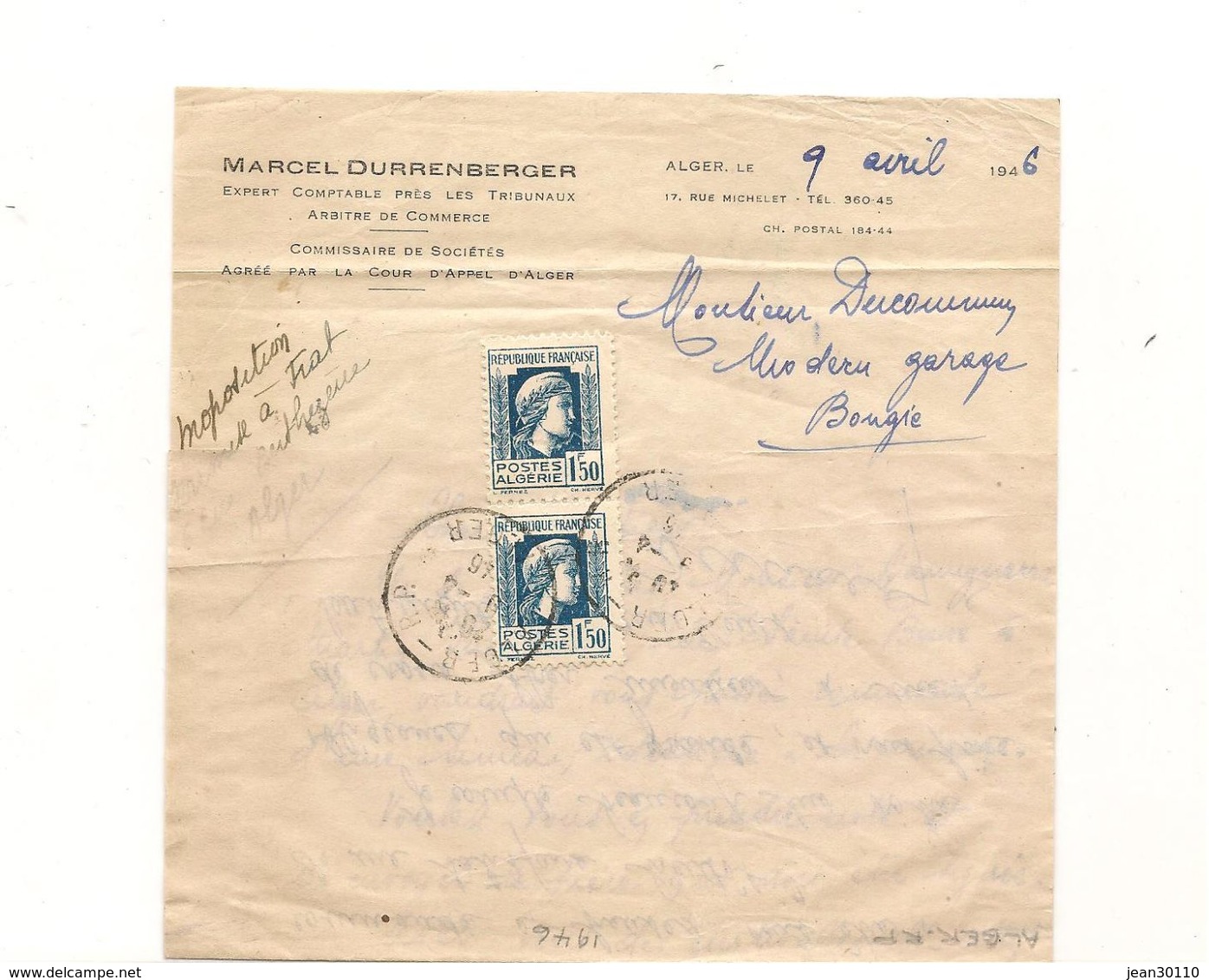 AVRIL 1946 COURRIER DE ALGER POUR BOUGIE DE EXPERT COMPTABLE PRES LES TRIBUNAUX - Covers & Documents