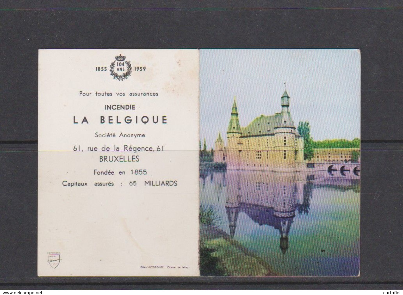 JEHAY-BODEGNEE-CHATEAU-KASTEEL-JEHAY-CALENDRIER-INCENDIE LA BELGIQUE-ORIGINALE-1959-DIMENSIONS+-10-14CM-VOYEZ 2 SCANS-RA - Amay