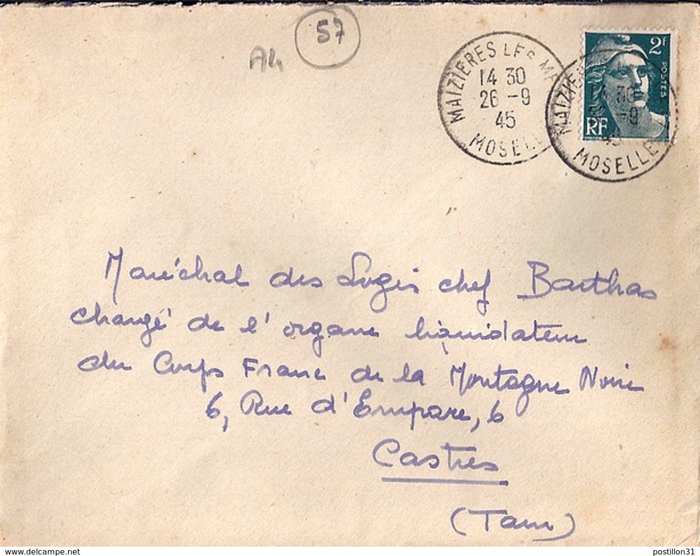 57 . MOSELLE . MAIZIERES LES METZ . TàD De Type A4 . 1945 - Bolli Manuali