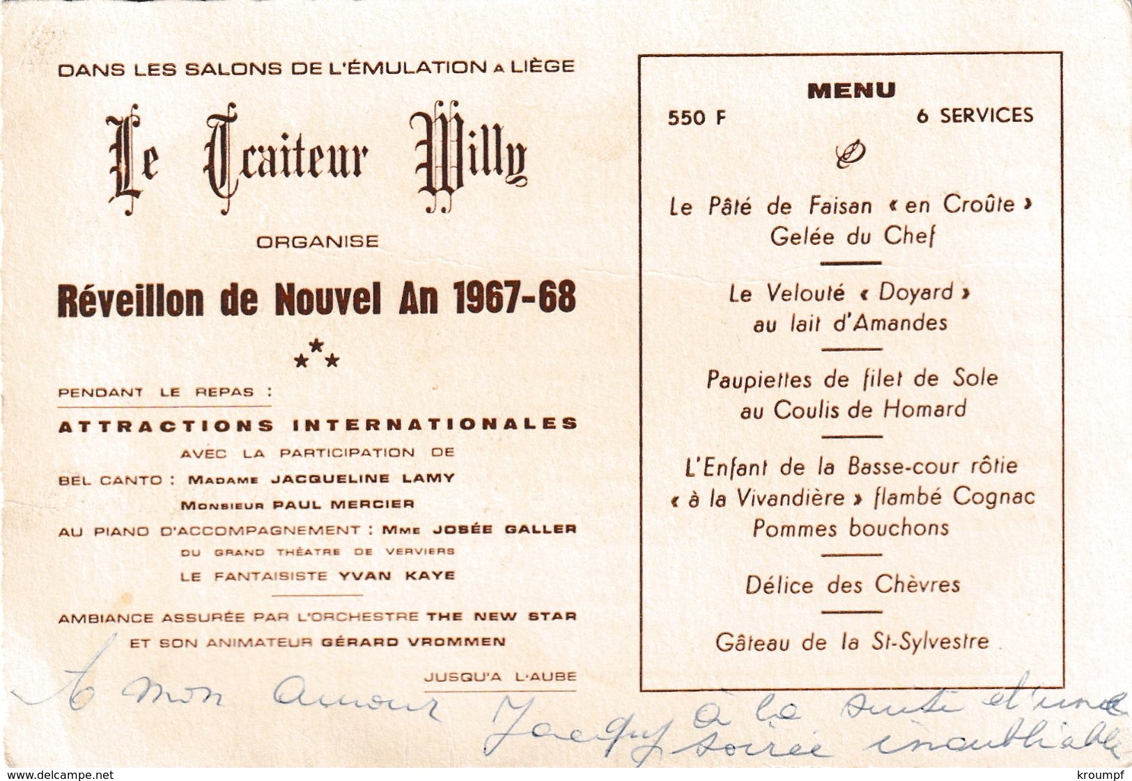 Menu Traiteur WILLY Liege 1967 - Menus