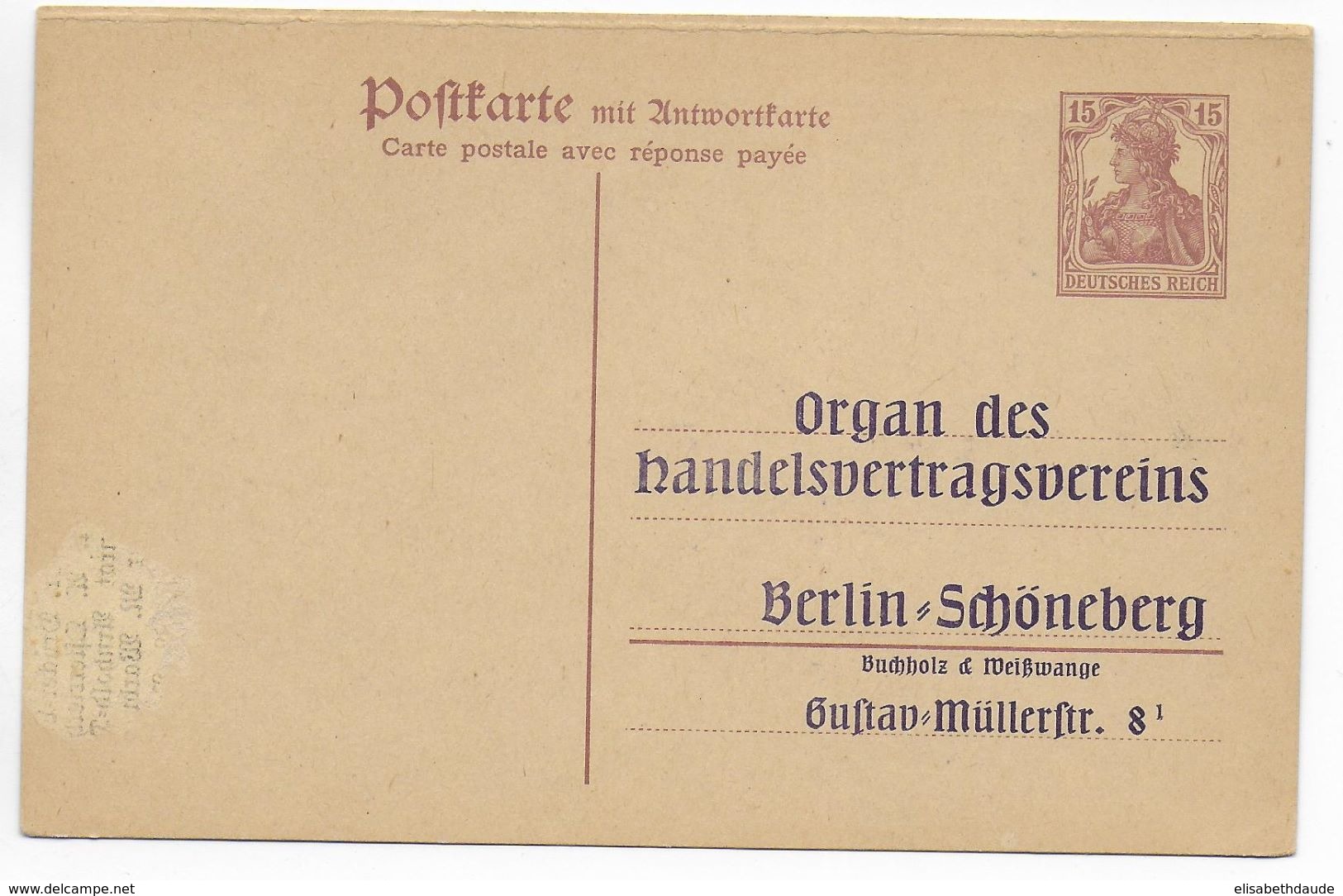 GERMANIA - 1919 - CP ENTIER Mi.P118F Avec REPIQUAGE PRIVE "ORGAN DES HANDELSVERTRAGSVEREIN" à BERLIN - Postcards