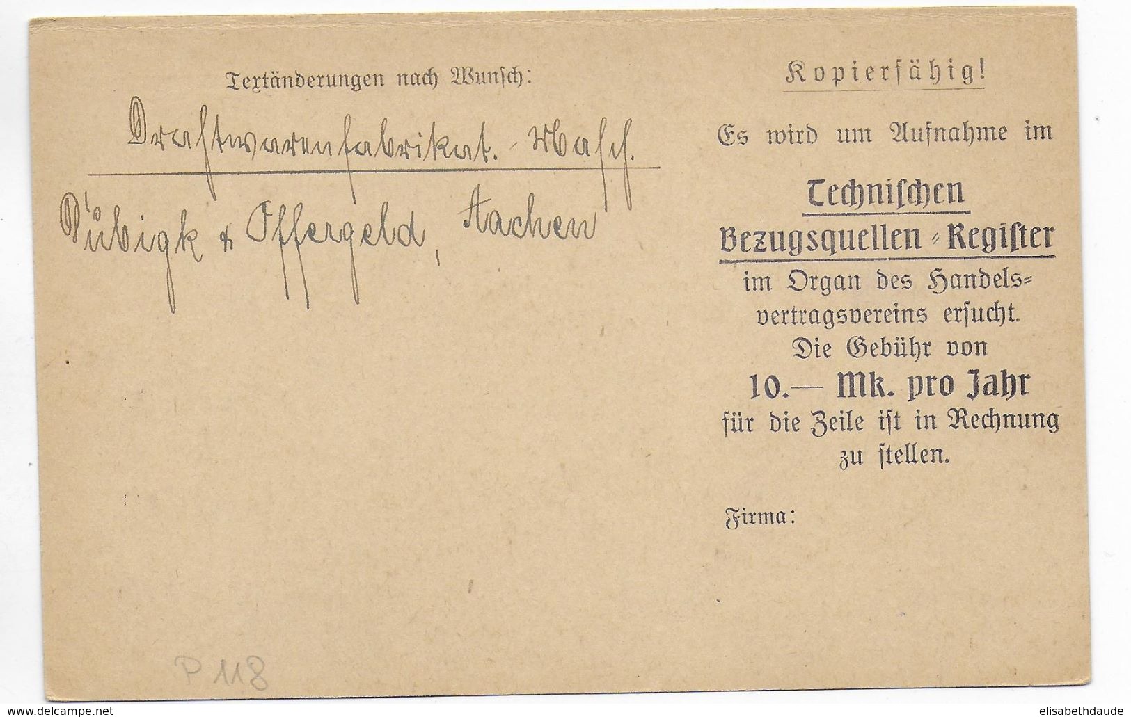 GERMANIA - 1919 - CP ENTIER Mi.P118F Avec REPIQUAGE PRIVE "ORGAN DES HANDELSVERTRAGSVEREIN" à BERLIN - Cartoline