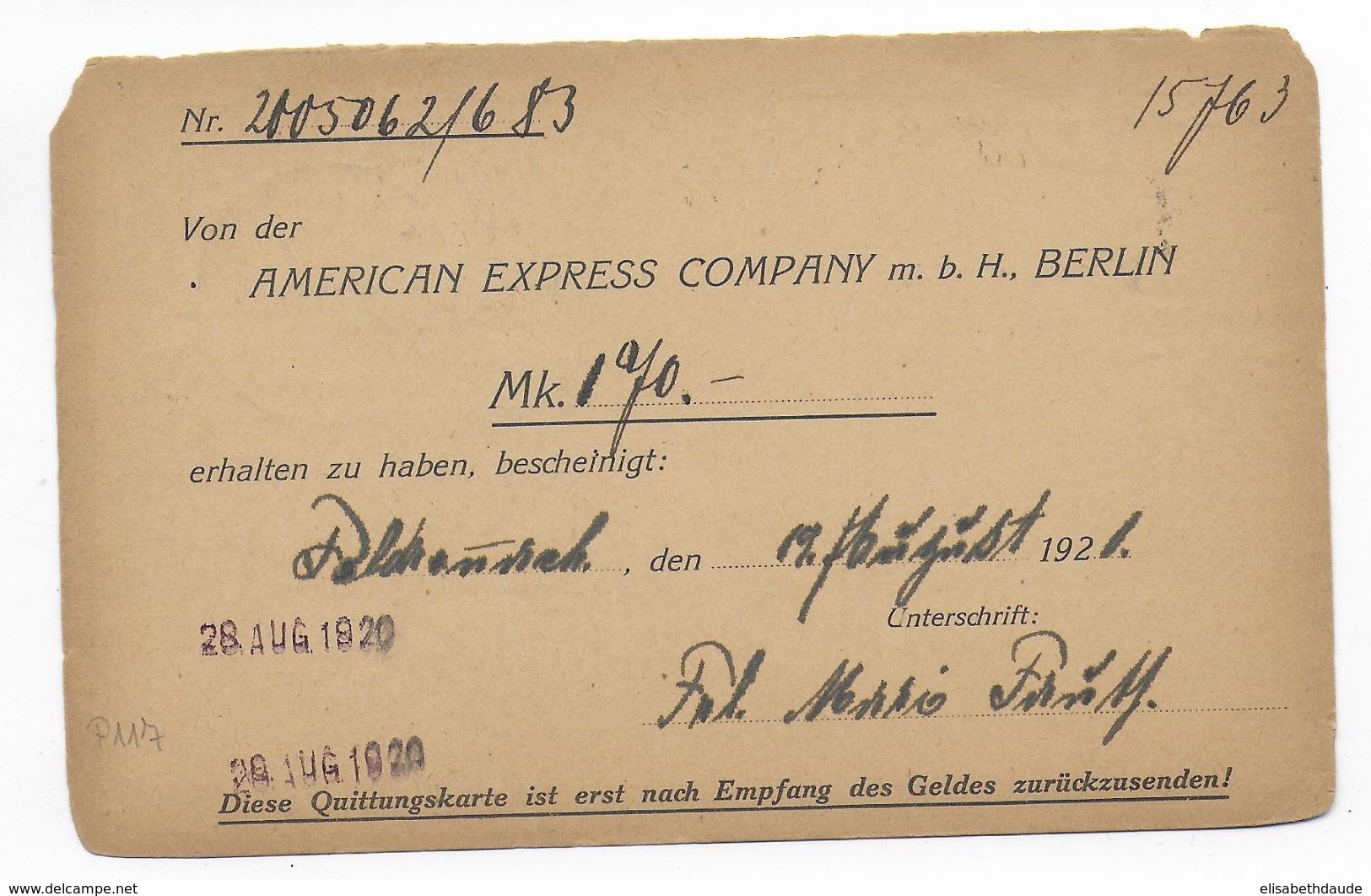 GERMANIA - 1920 - CP ENTIER Mi.P117A Avec REPIQUAGE PRIVE "AMERICAN EXPRESS" à BERLIN - EXPEDIEE De FELDRENNACH WÜRTT. - Cartoline