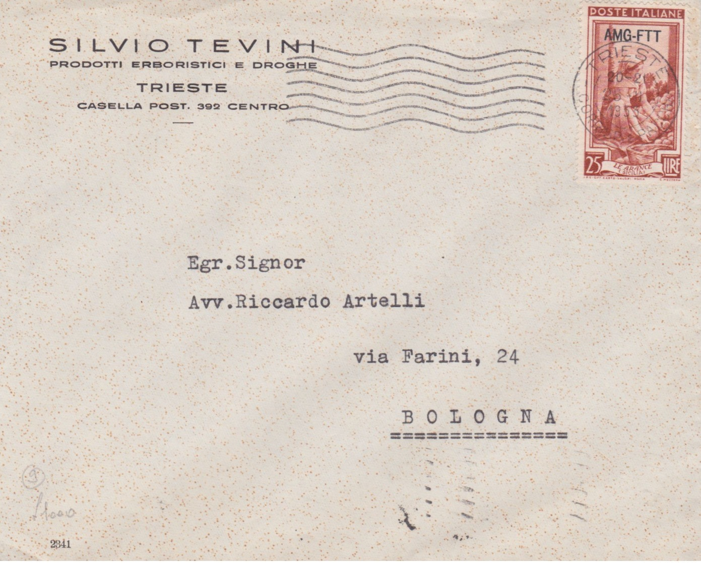 1953 A.M.G. F.T.T. Italia Lavoro Lire 25 Su Busta Trieste (20.2) - Storia Postale