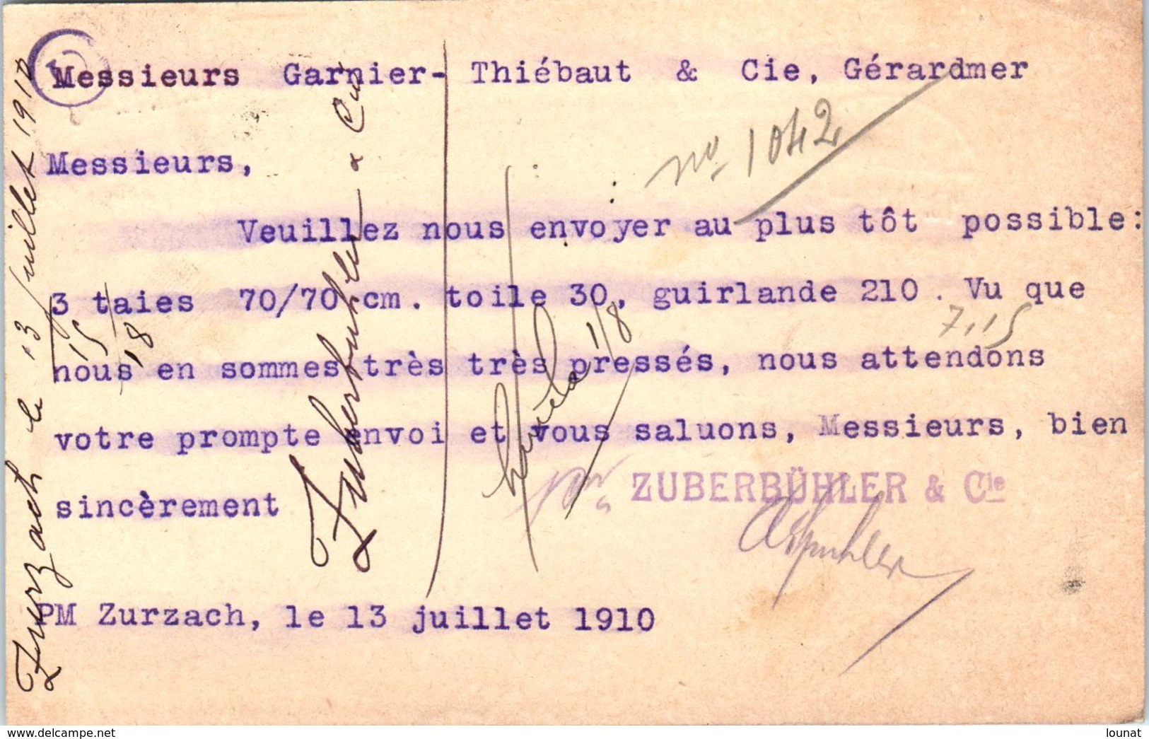 Suisse - ZURZACH - Zuberbühler & Co - AARGAU   - Entiers Postaux Année 1910 Juillet - Zurzach