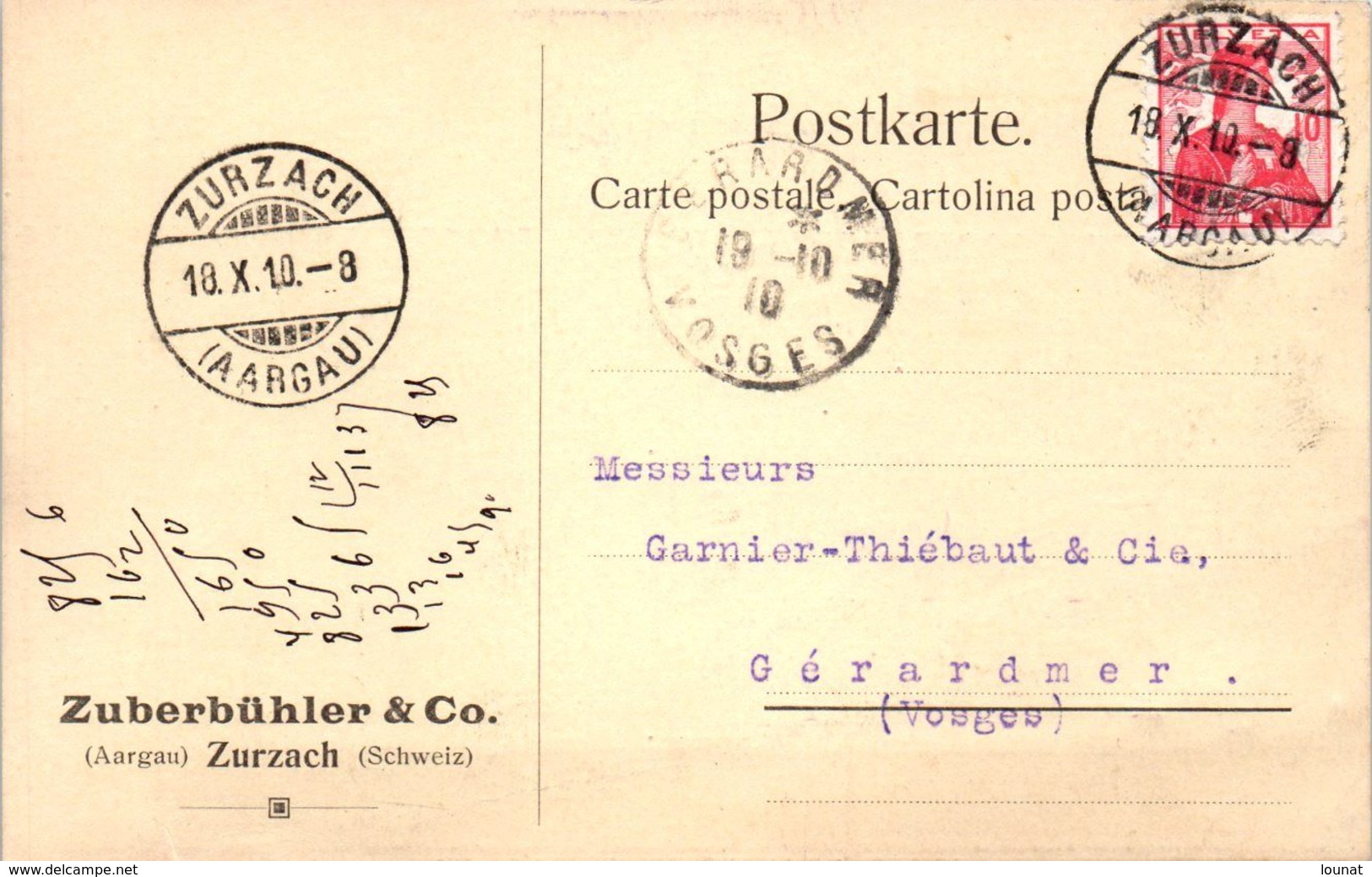 Suisse - ZURZACH - Zuberbühler & Co - AARGAU   - Entiers Postaux Année 1910 Octobre - Zurzach