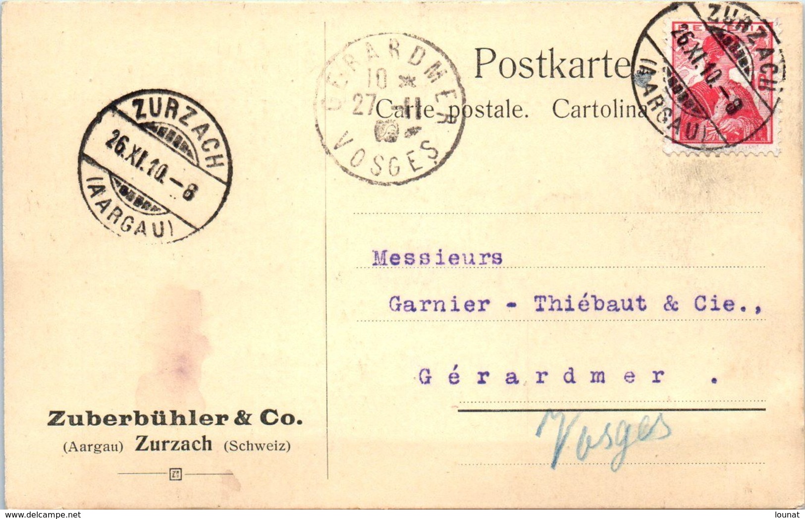 Suisse - ZURZACH - Zuberbühler & Co - AARGAU   - Entiers Postaux Année 1910 Novembre - Zurzach