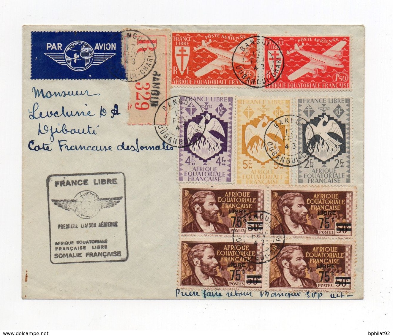 !!! AEF, LETTRE RECO PAR AVION DE BANGUI POUR DJIBOUTI DE 1943, CACHET FRANCE LIBRE 1ERE LIAISON AERIENNE - Covers & Documents