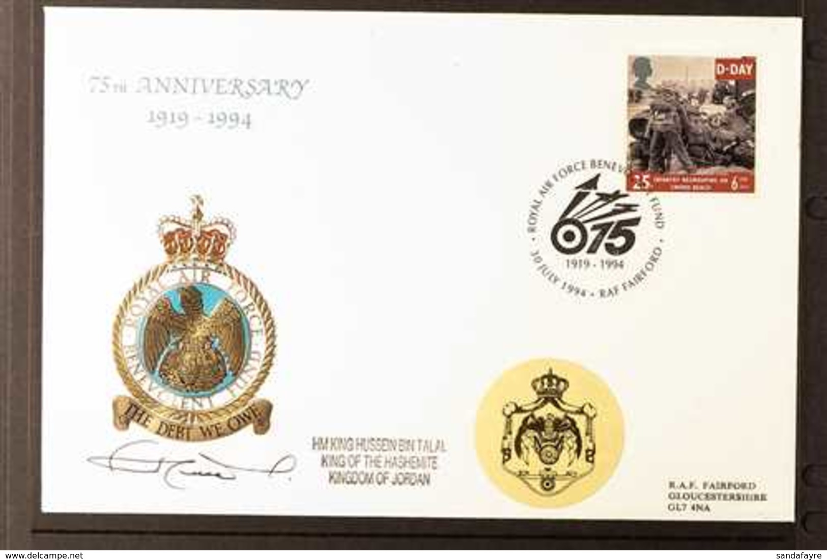 KING HUSSEIN SIGNED COVER  1994 Illustrated Royal Air Force Benevolent Fund 75th Anniversary Cover SIGNED By His Majesty - Autres & Non Classés