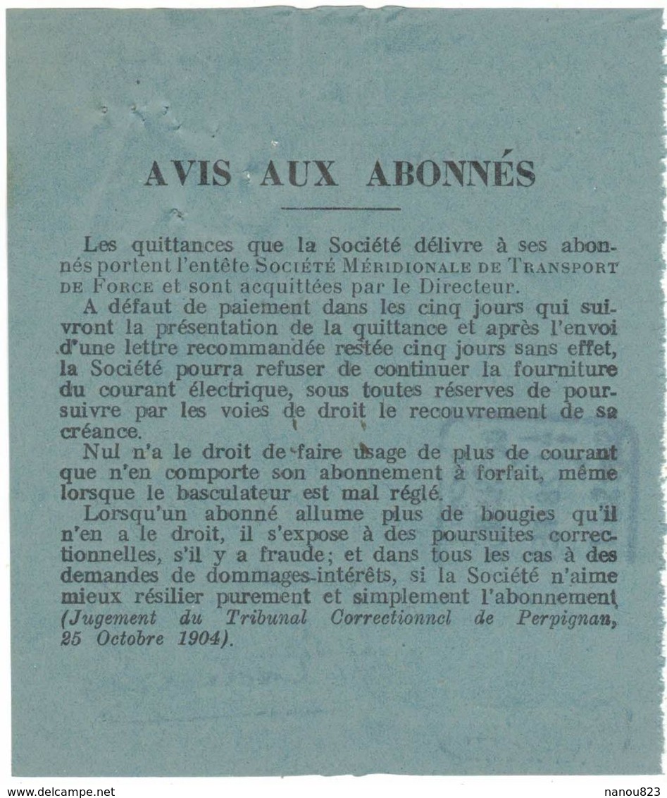 CARCASSONNE AUDE QUITTANCE SOCIETE MERIDIONALE DE TRANSPORT DE FORCE AVEC TIMBRE FISCAL ET CACHET - Non Classificati