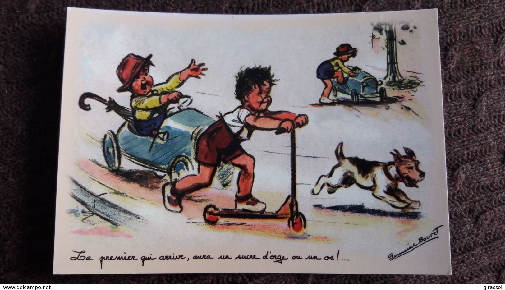 CPM REPRO ILLUSTRATRICE GERMAINE BOURET JEUX JOUETS TROTINETTE AUTO A PEDALE CHIEN  ED AUTHENTIQUES ET IMAGINAIRES - Bouret, Germaine