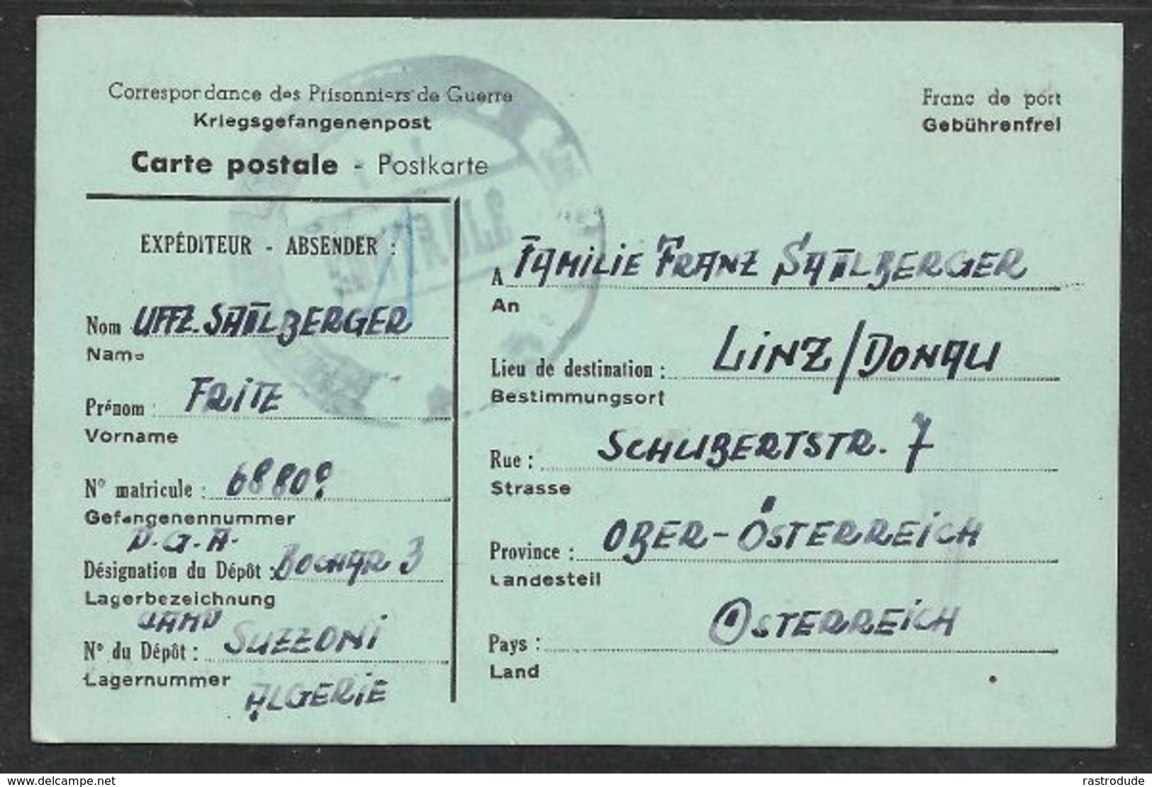 1945 CORRESPONDANCE PRISONNIERS DE GUERRE - KRIEGSGEFANGENENPOST - BOGHAR, ALGERIE A LINZ, AUTRICHE - ÖSTERREICH - Lettres & Documents