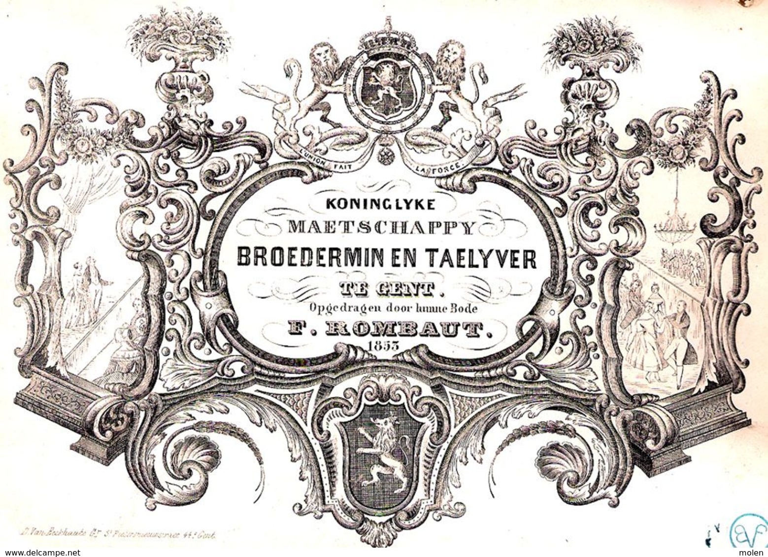 ©1853 PORSELEINKAART KONINGLYKE MAETSCHAPPY BROEDERMIN en TAELYVER GENT bode F ROMBAUT CARTE PORCELAINE TONEEL P292