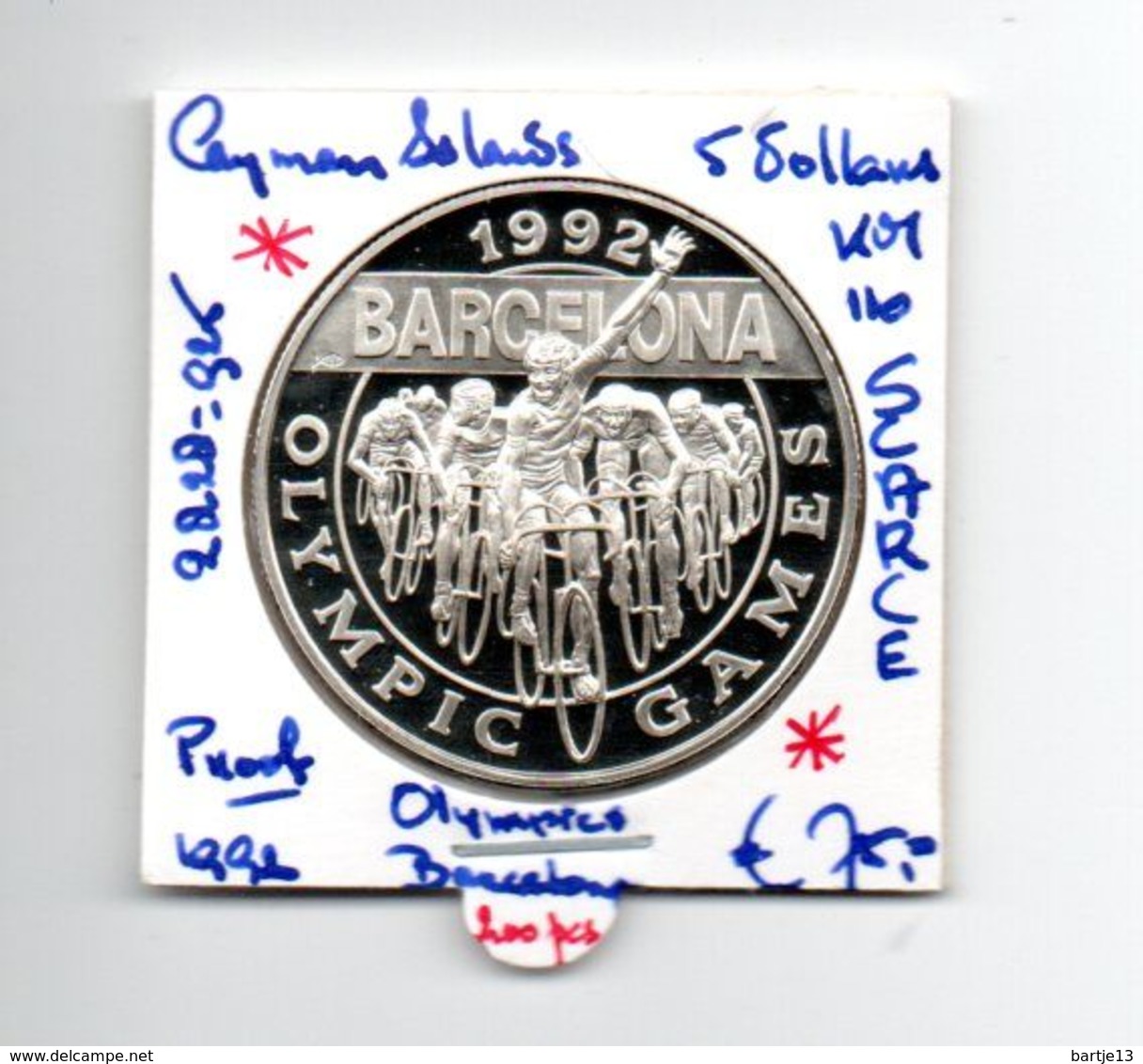 CAYMAN ISLANDS 5 DOLLARS 1992 ZILVER PROOF OLYMPICS BARCELONA CYCLISTS EXTREMELY SCARCE MINTAGE ONLY 200 PCS - Kaimaninseln