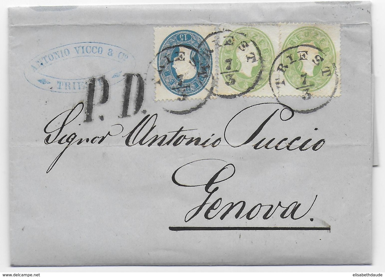 AUTRICHE / ITALIE - 1863 - SUPERBE AFFR. ANK 19x2 + 22 Sur LETTRE De TRIESTE => GENOVA - Covers & Documents