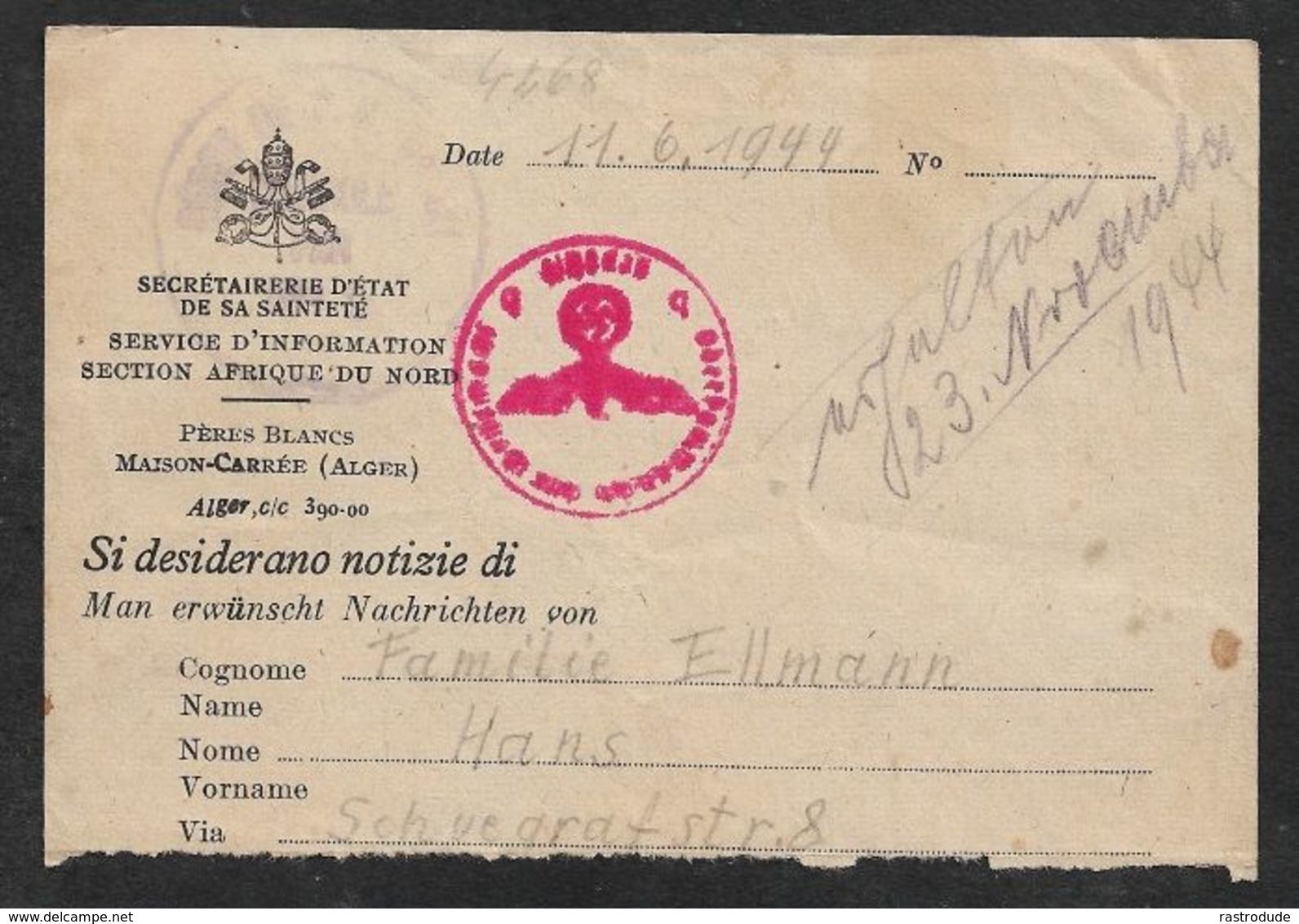 11.6.1944 KGF - PRISONNIERS DE GUERRE  SECRETAIRERIE D'ETAT DE SA SANTÉ / SERVICE AFRIQUE DU NORD CENSURE CAMP Et OKW - Brieven En Documenten