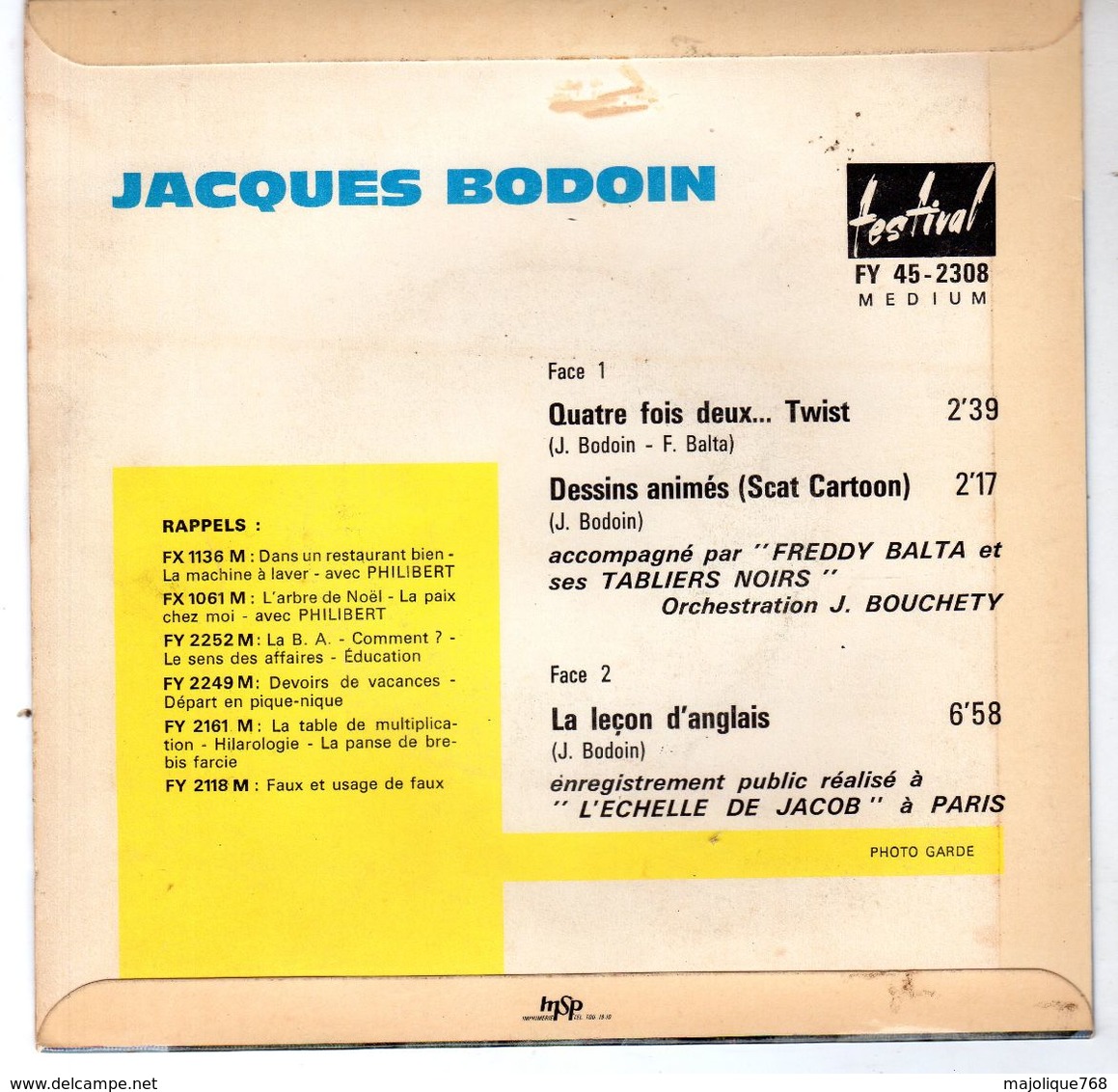 Disque - Jacques Bodoin - Quatre Fois Deux... Twist - Festival FY 45 2308 M - - Humour, Cabaret