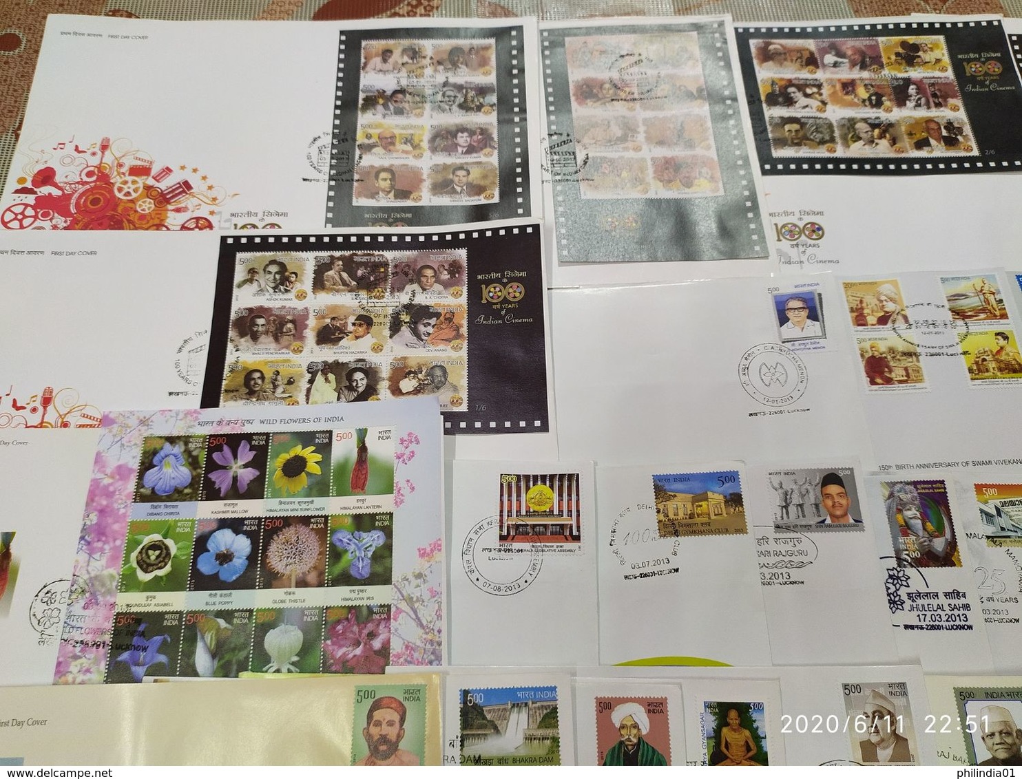 India 2013 Year Pack of 57 FDCs on Cinema Flowers Sikhism Dam Railway Cricket Wildlife Vivekananda