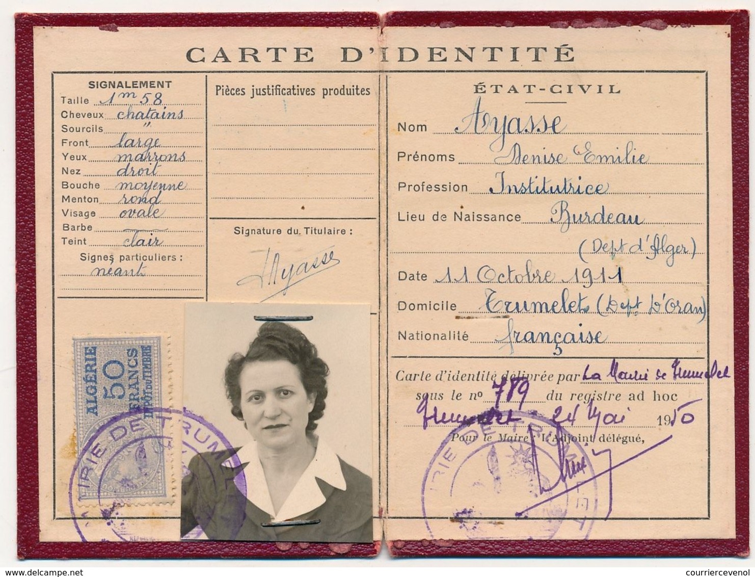 Algérie - Timbre Fiscal 50 Francs Sur Carte D'identité - Trumelet (département D'Oran) 1950 - Other & Unclassified