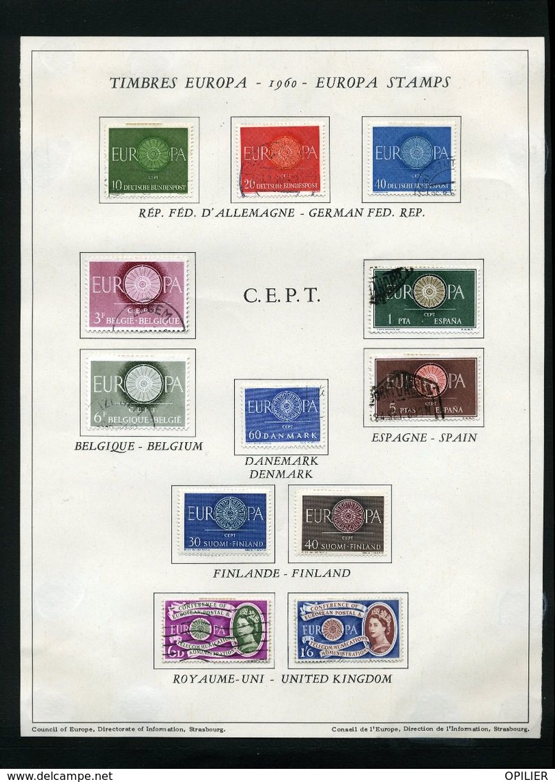 Ensemble Timbres Europa Oblitérés Année 56 57 58 (manque 1 Timbre Luxembourg) 59 60 88 Timbres Sur Feuilles Imprimées - Full Years