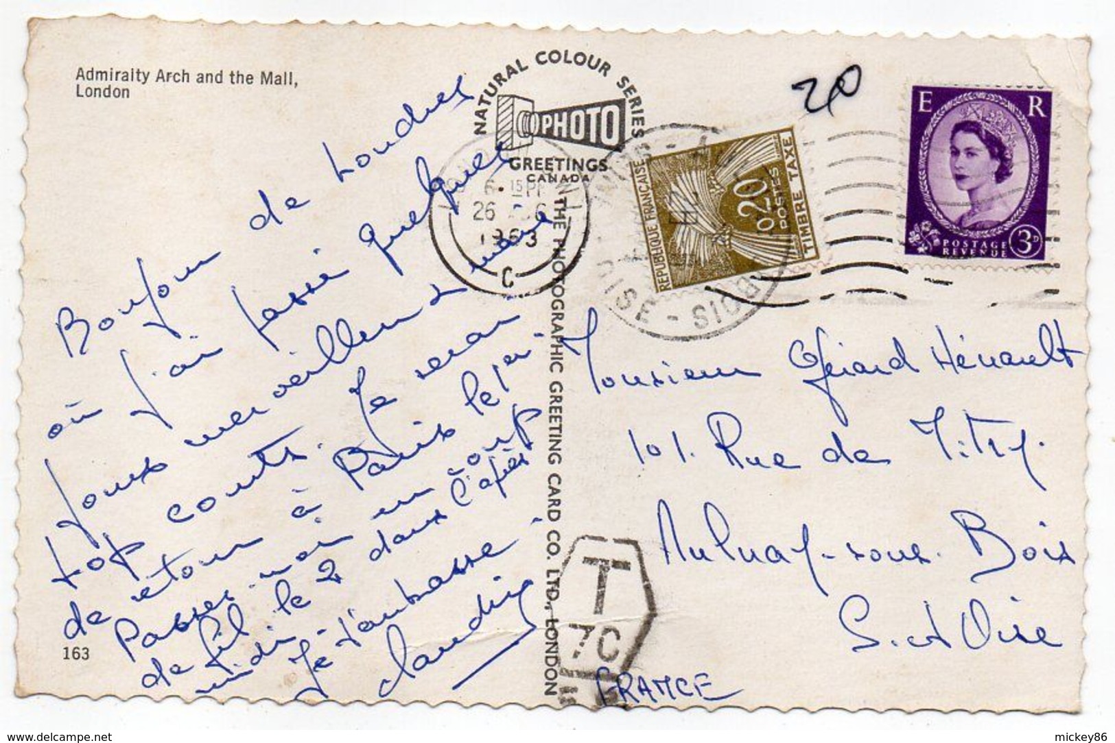 Grande-Bretagne-1963--carte Postale De Londres Taxée à L'arrivée En France (Aulnay /bois)..griffe T-70 - Lettres & Documents