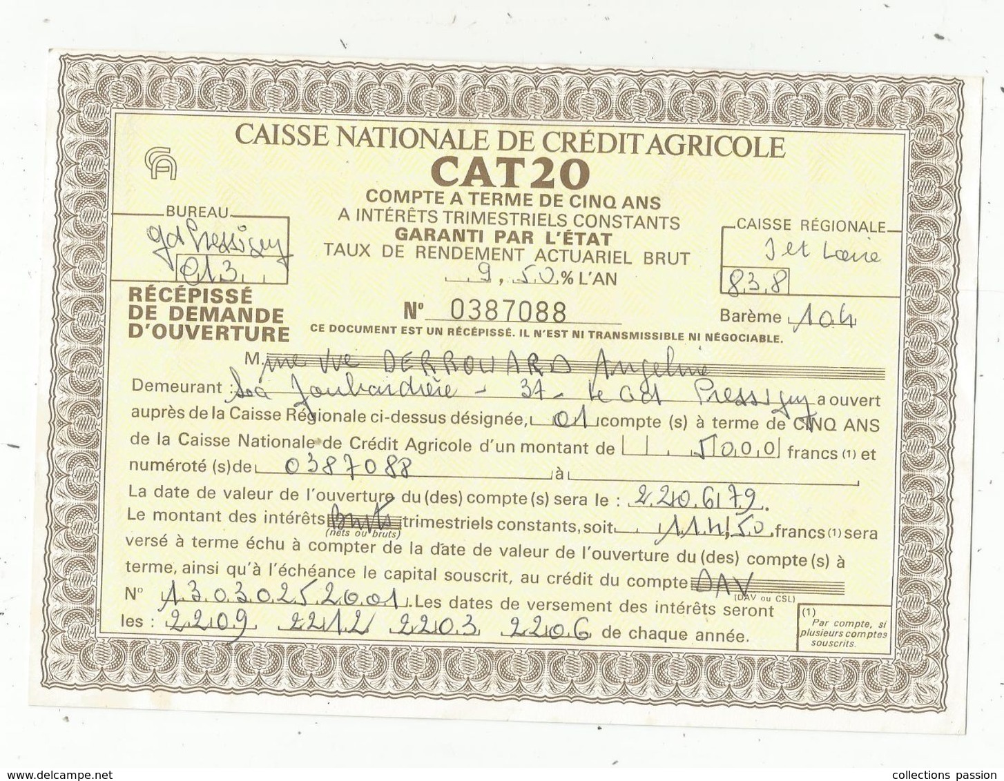 JC , Récépissé De Demande D'ouverture , Caisse Nationale  CREDIT AGRICOLE, Compte à Terme  5 Ans, 1979, Frais Fr 1.65 E - Autres & Non Classés