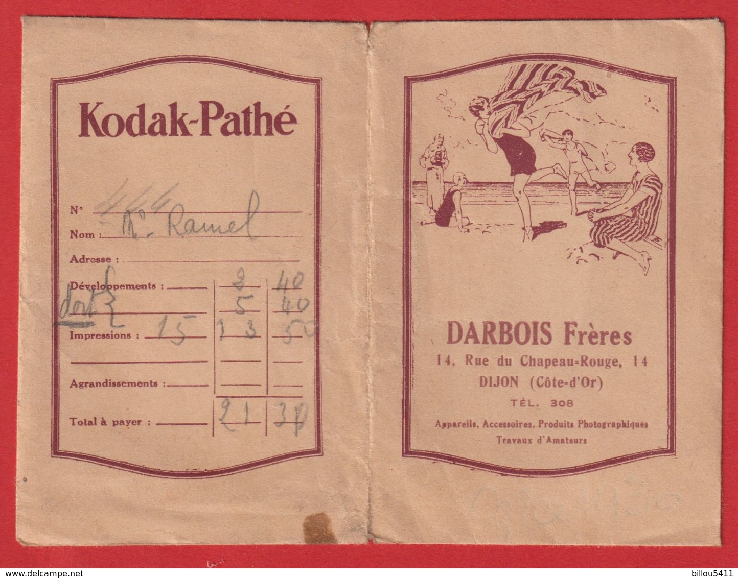 Pochette Photo Kodak-Pathé " Darbois " Dijon (Côte D'Or) Personnages Des Années 30 Jouant Sur Une Plage - Matériel & Accessoires