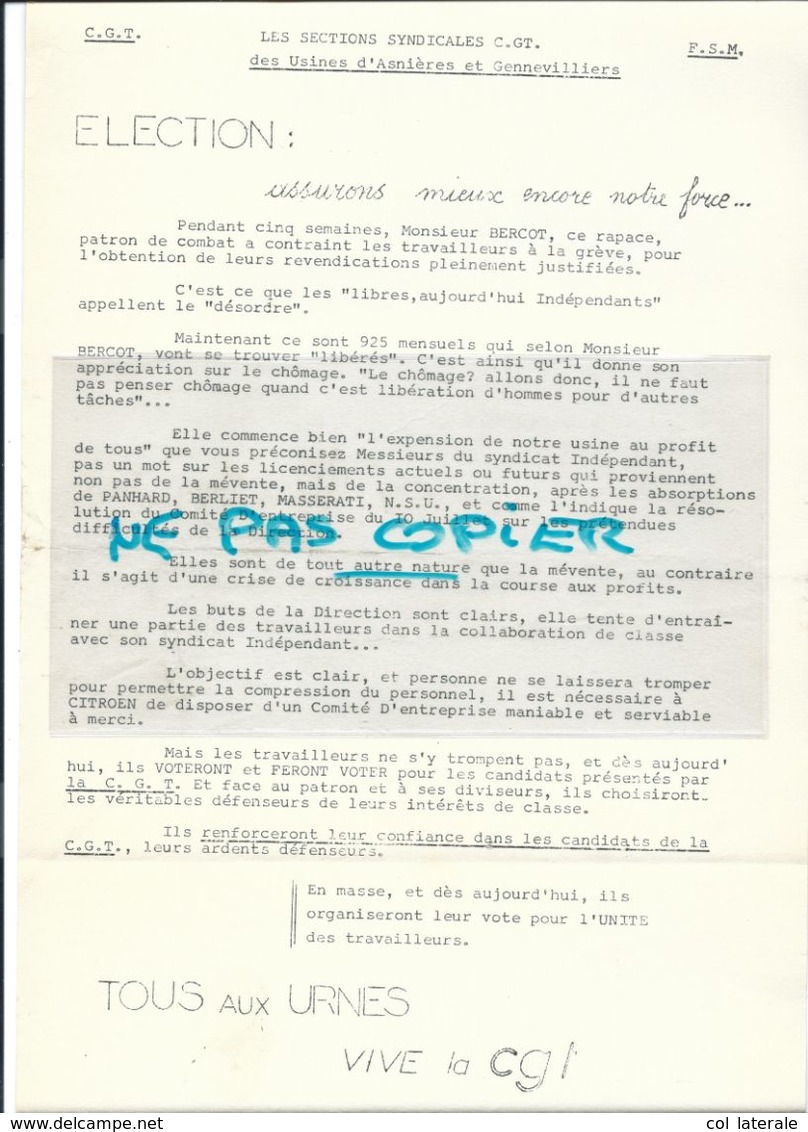 MAI 68 En Direct De 68/69 CITROËN CGT Election Tract Original TB 31x 21 Cm - Plakate