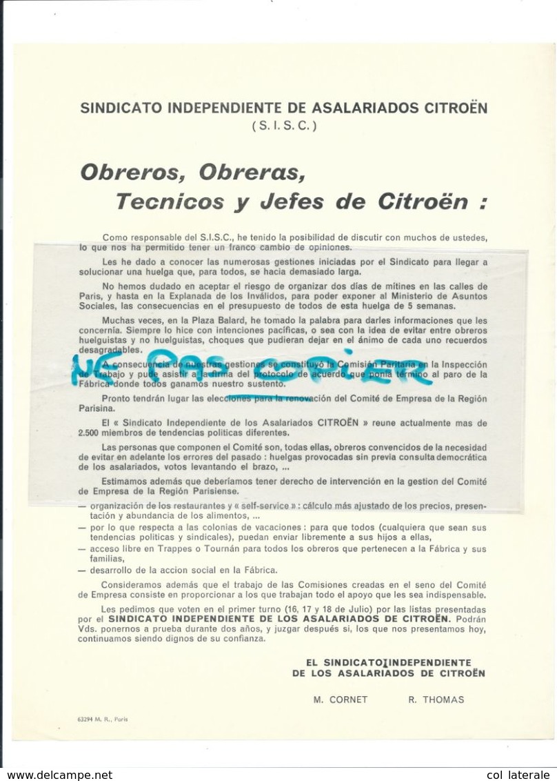 MAI 68 En Direct De 68/69 CITROËN Syndicat Espagnol (S.I.S.C.) Tract Original Bien 27 X 21 Cm - Plakate