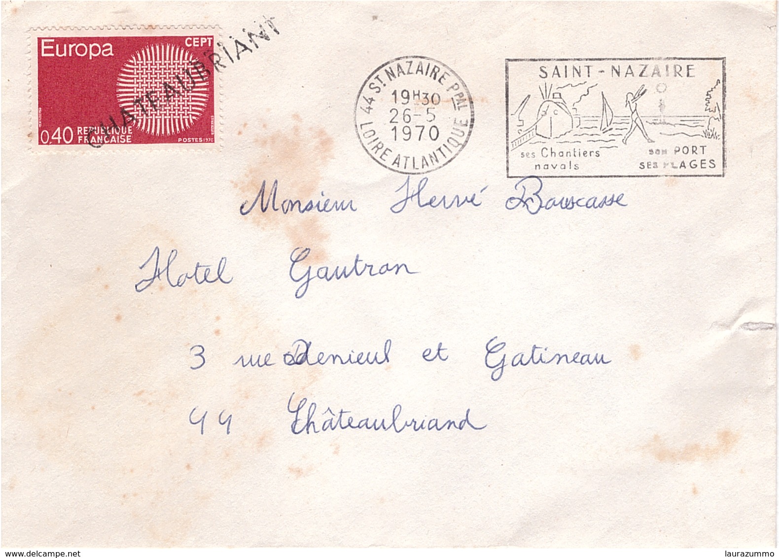 FRANCE - Lettre - Europa - Saint Nazaire Pour Chateaubriant - Timbre YT 1637 Annule Griffe Lineaire - Obl 26-5-1970 - Cartas & Documentos