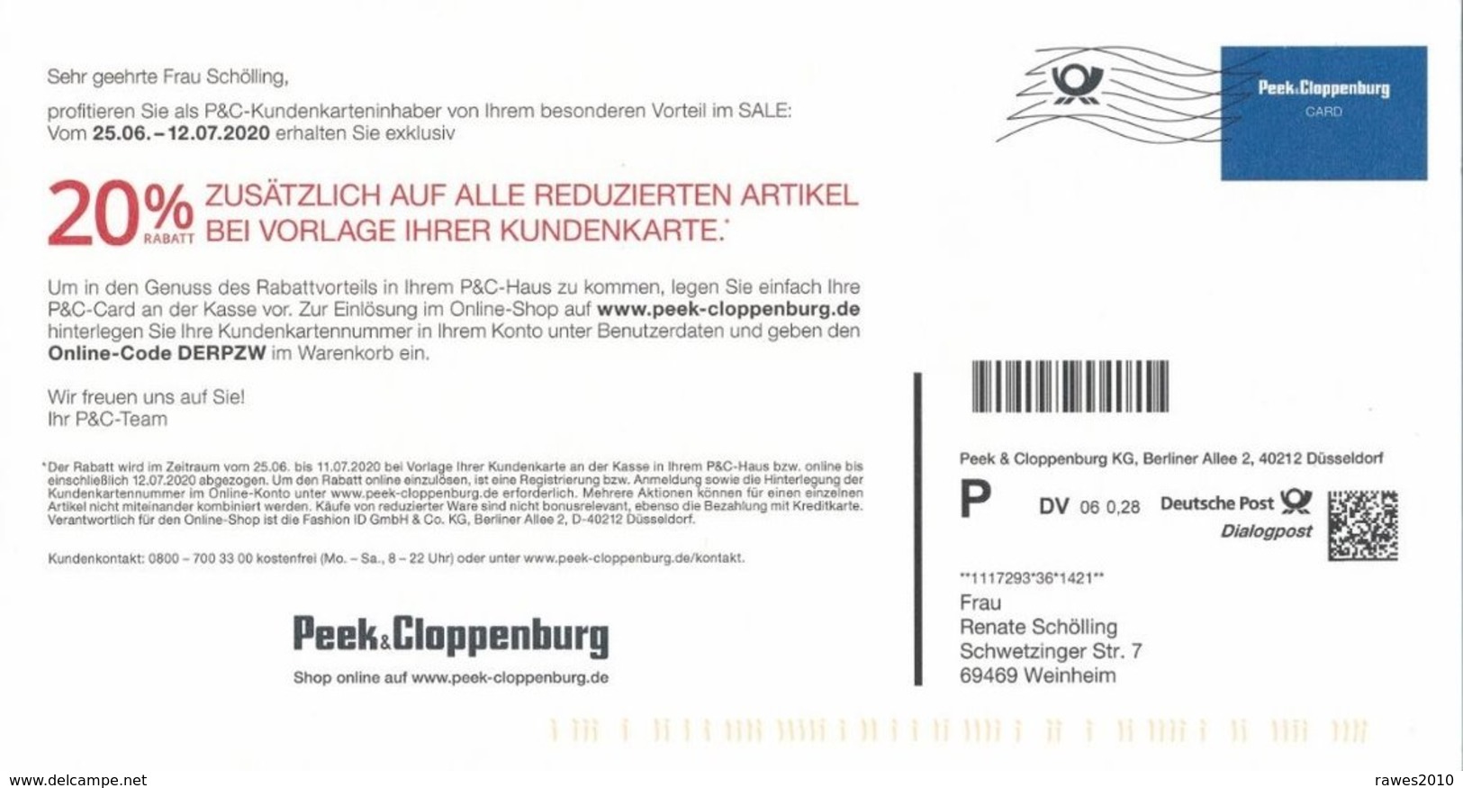 BRD / Bund Düsseldorf Dialogpost DV 06 0,28 Euro FRW 2020 Peek & Cloppenburg KG Mode - Storia Postale