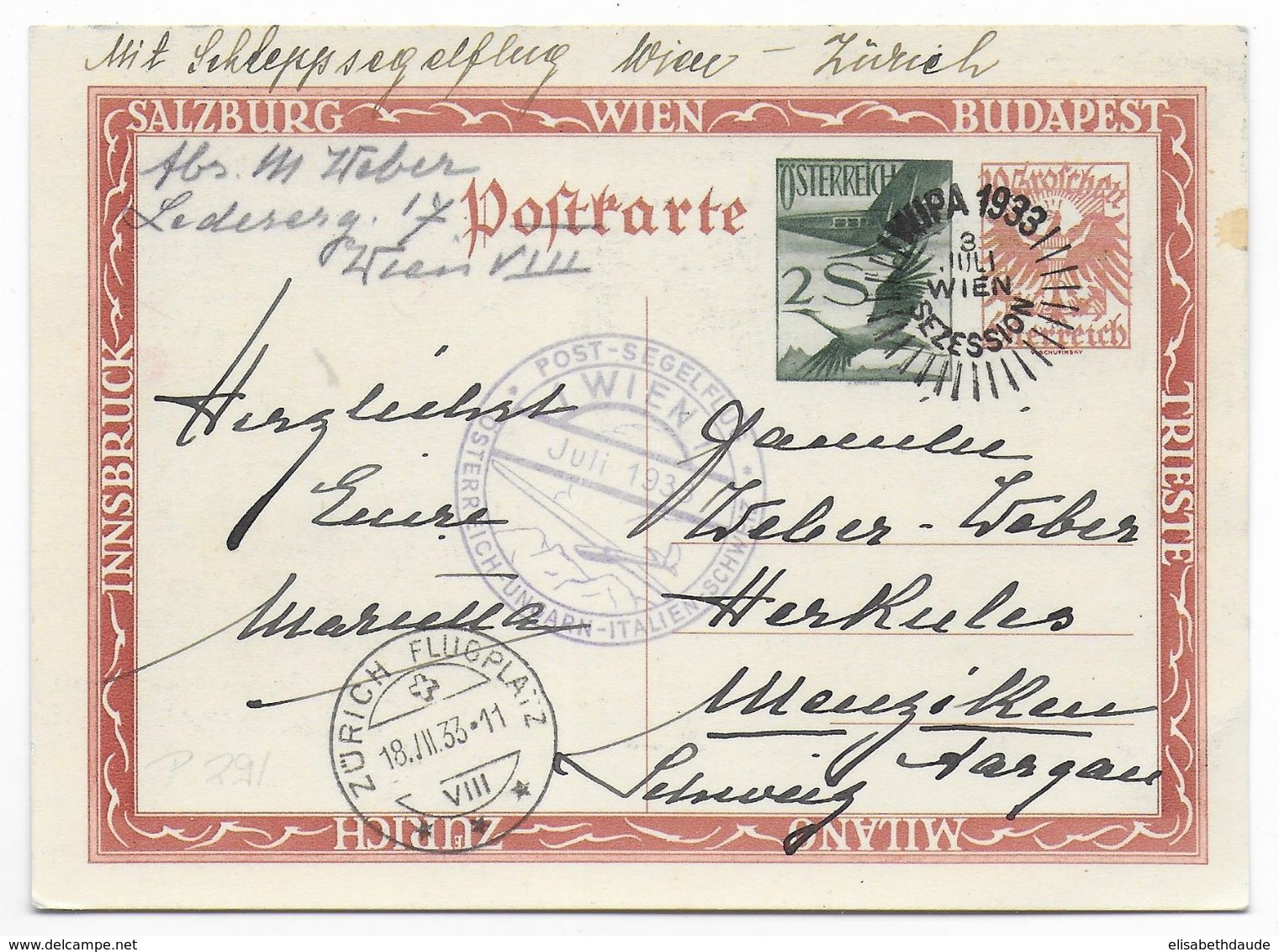 AUTRICHE - 1933 - CARTE ENTIER ILLUSTREE (BILDPOSTKARTE) VOL SPECIAL PLANEUR (SEGELFLUG) WIEN ZÜRICH / WIPA SEZESSION - Other & Unclassified