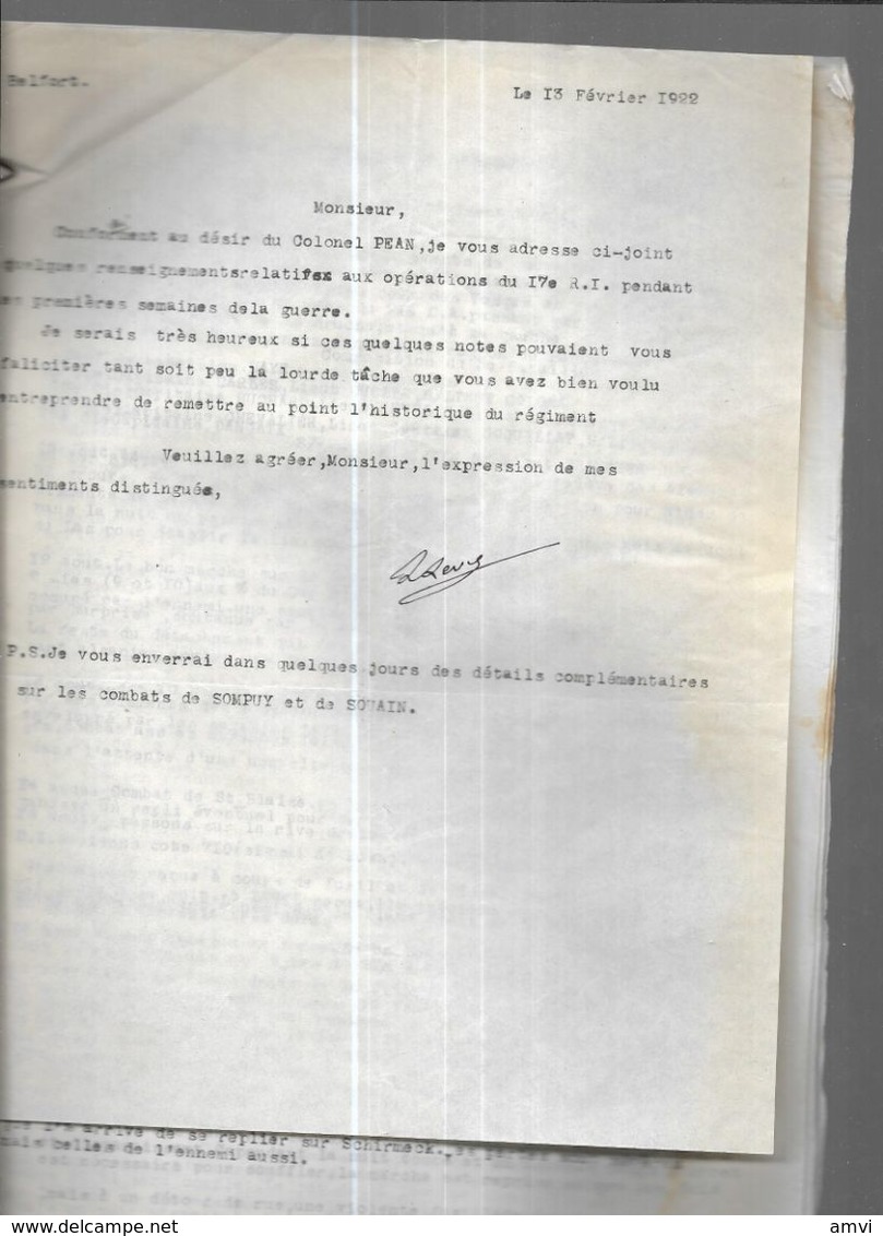 Bf - Unique 4 Pages Dactylographiees 1922 Du  Capitaine LEVEL Concernant Les Premieres Semaines De Guerre 17 Eme RI 1914 - Manuscrits