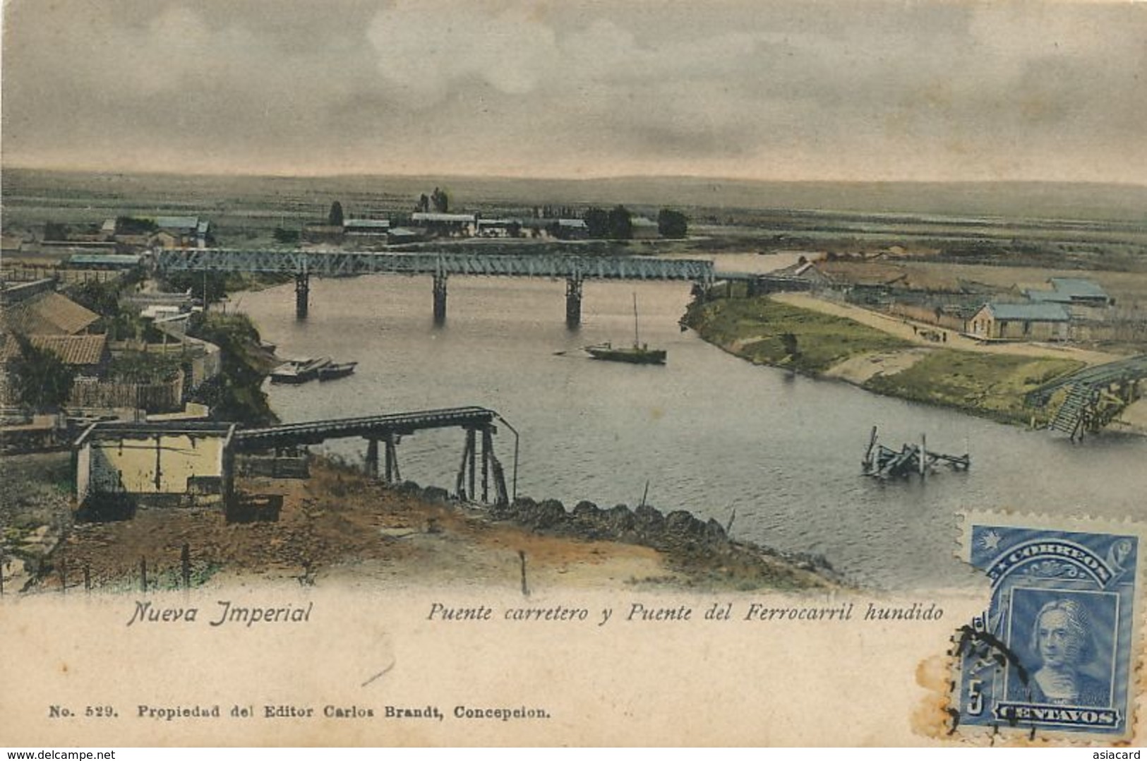 Nueva Imperial Puente Ferrocarril Hundido   Edicion  Carlos Brandt Concepcion   Undivided Back Hand Colored - Chili