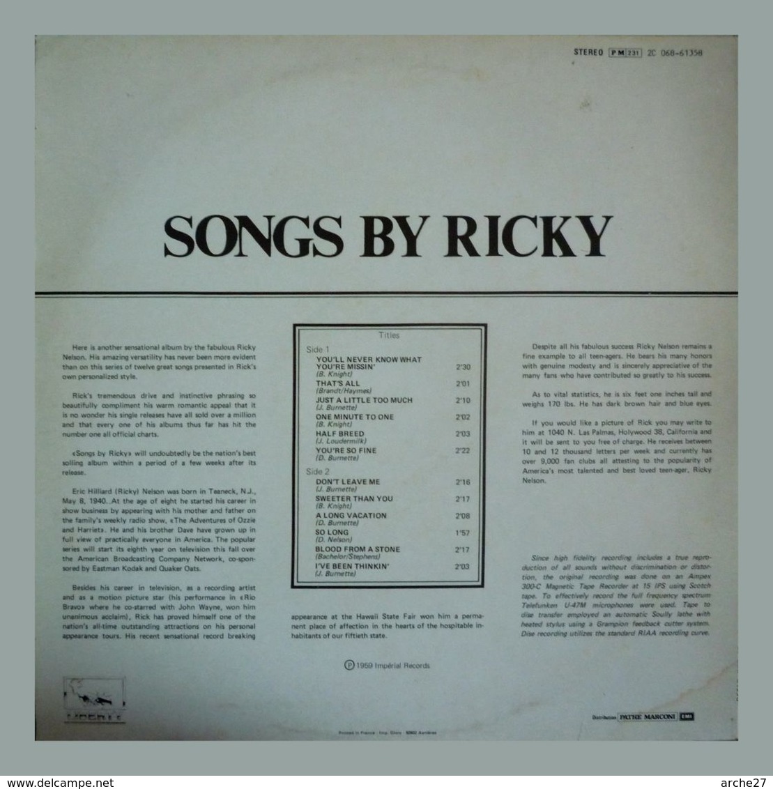 RICKY NELSON - LP - 33T - Disque Vinyle - Songs By Ricky - 61358 - Rock